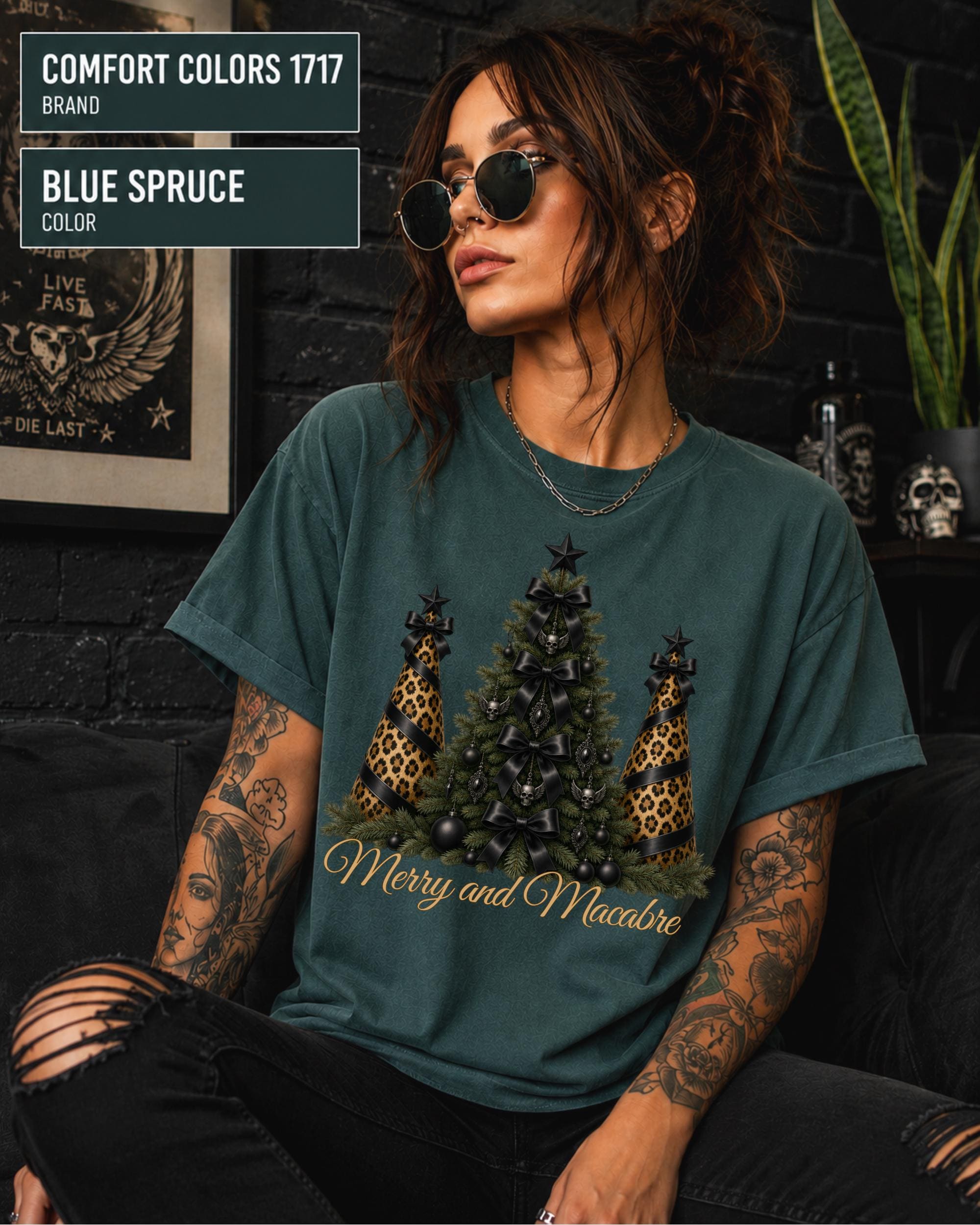 Dark coquette Christmas t-shirt with black bow holiday tree design perfect for gothic fashion lovers and spooky Christmas celebrations.