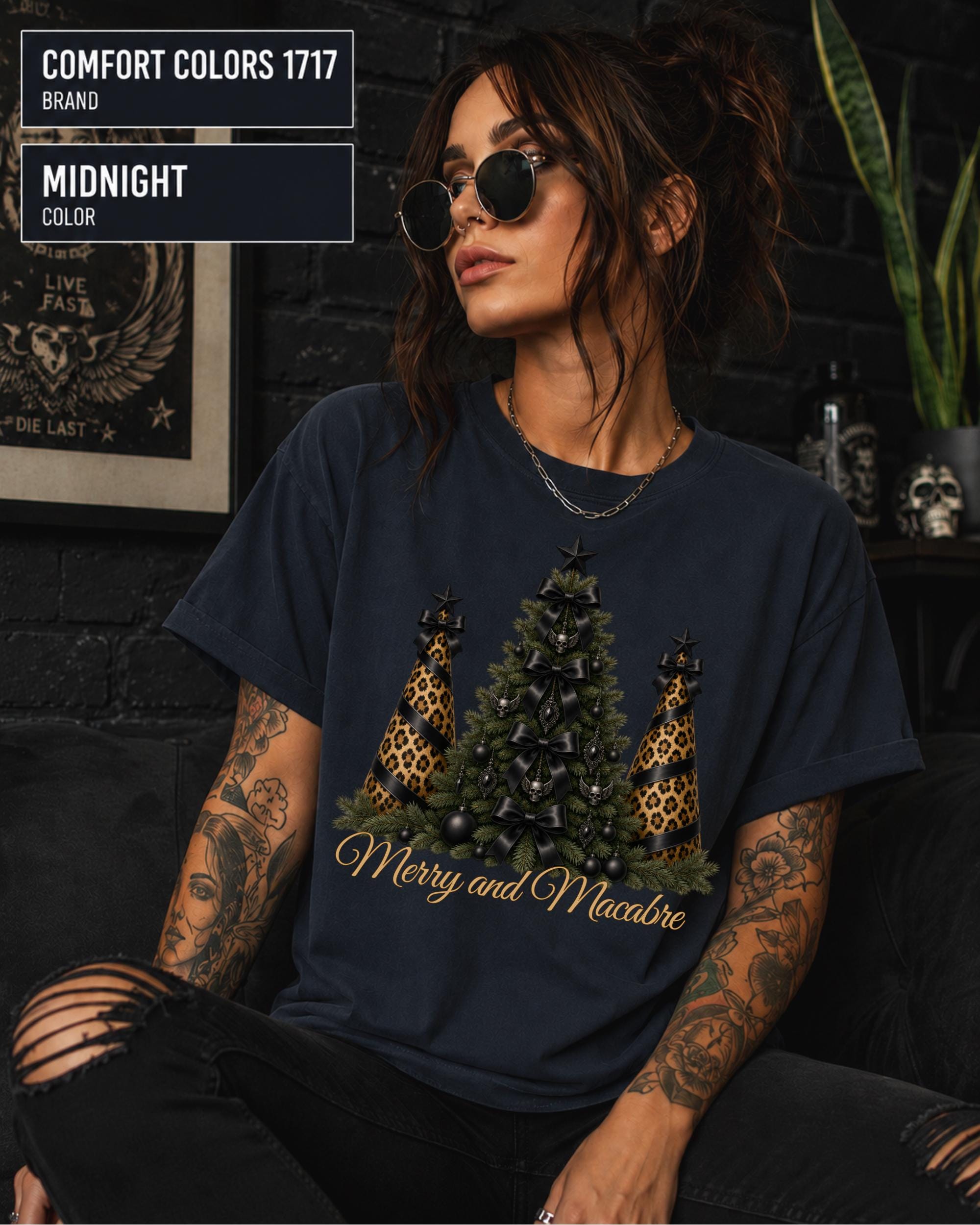 Woman wearing a Midnight Comfort Colors 1717 shirt with elegant Merry and Macabre Christmas graphic in a dark gothic holiday aesthetic.