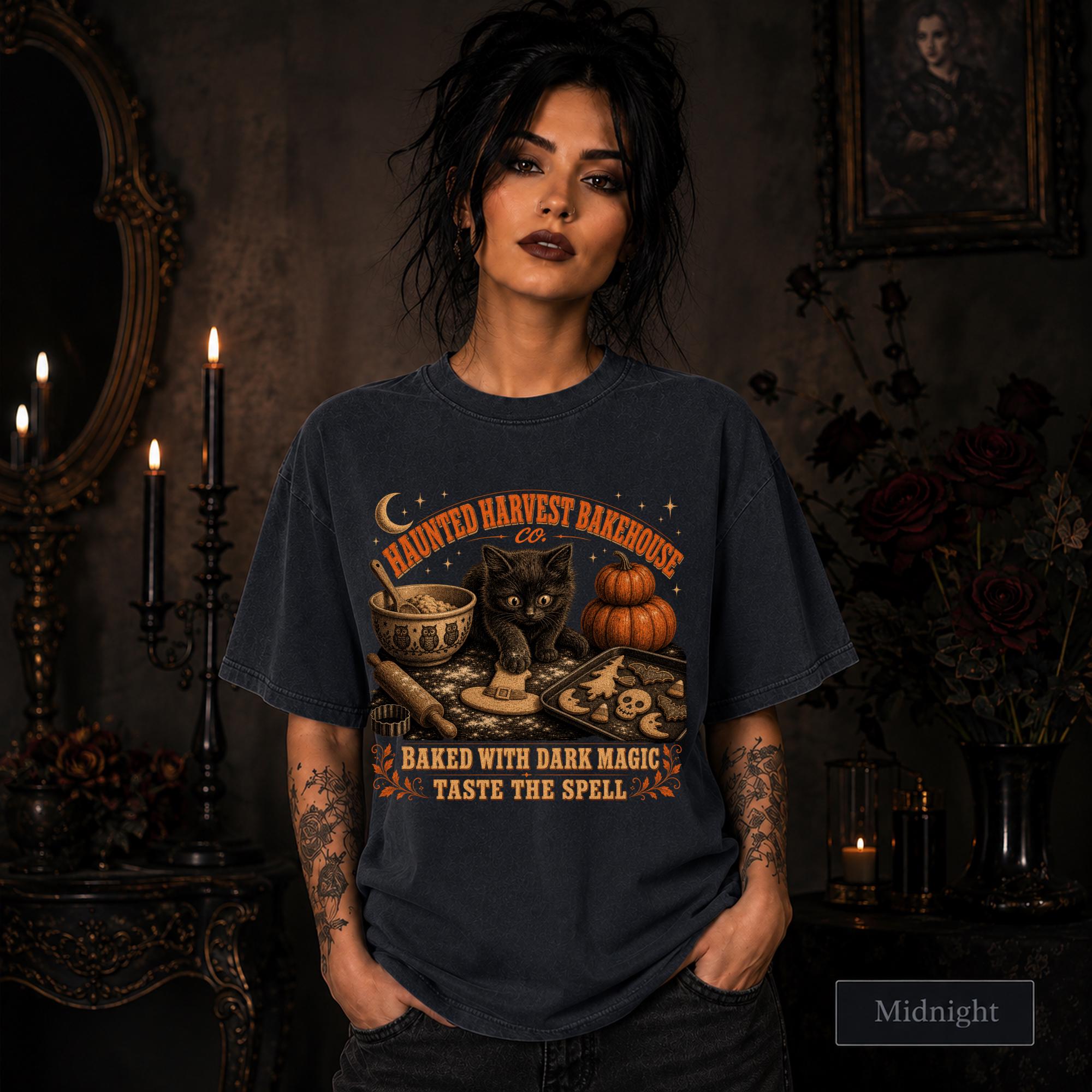 Halloween baking shirt with black cat and pumpkins reading Haunted Harvest Bakehouse Co.
