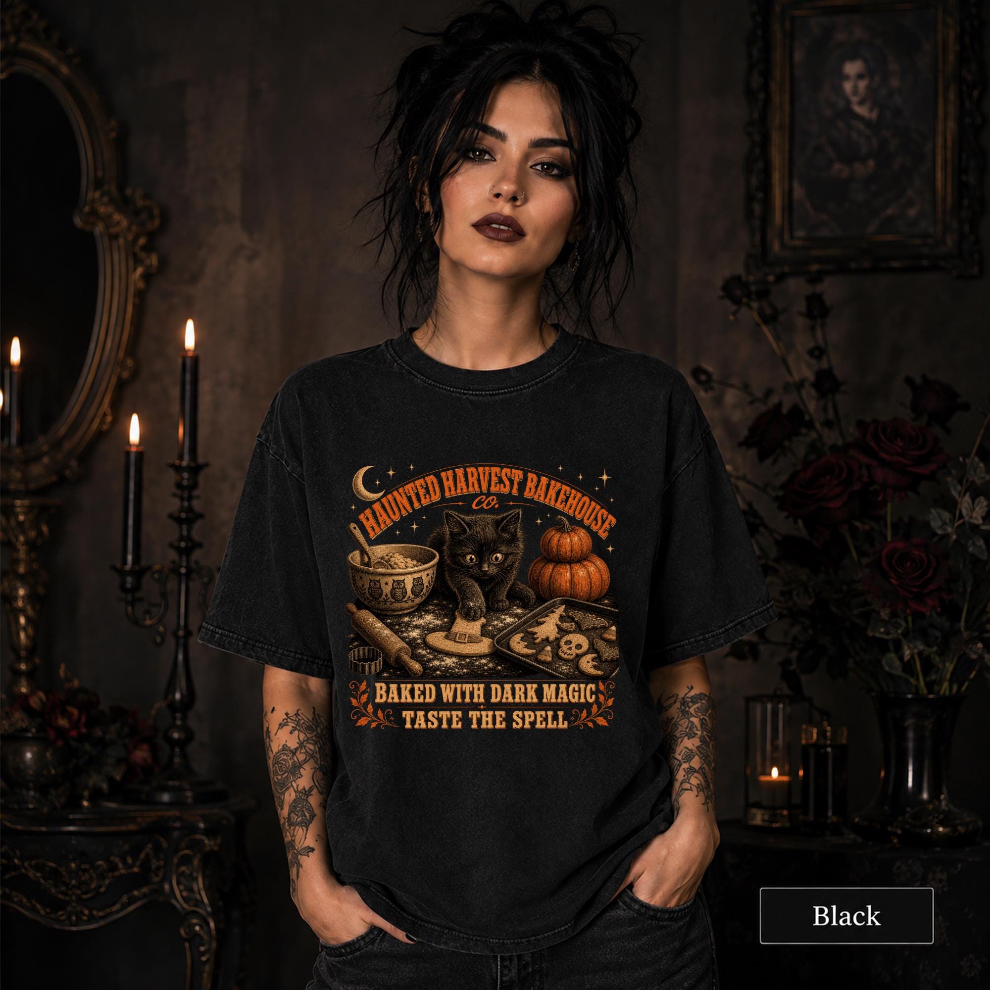 Fall black cat graphic tee on Black Comfort Colors shirt with witchy bakery theme.