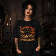 Fall black cat graphic tee on Black Comfort Colors shirt with witchy bakery theme.