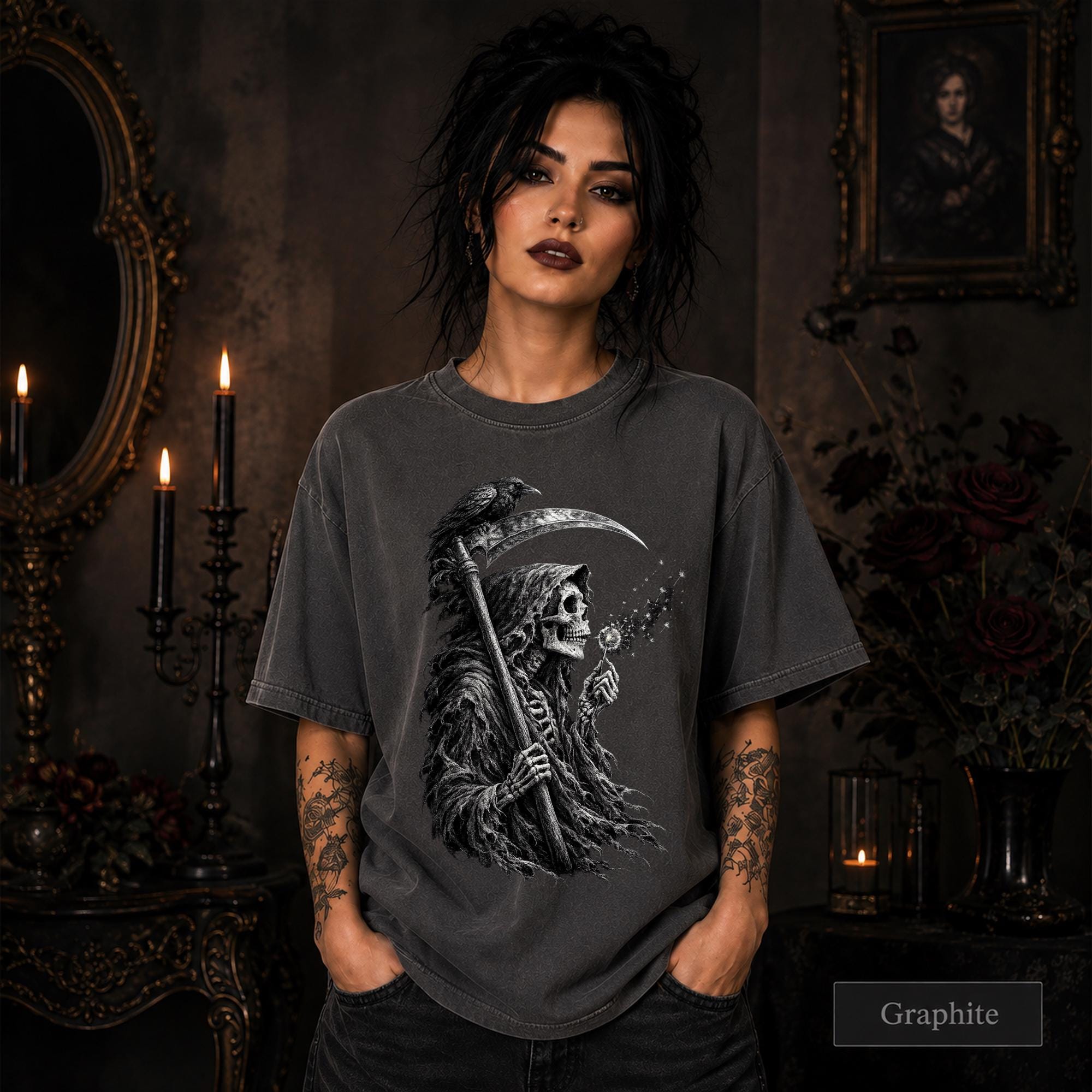 Gothic graphic tee showing a hooded skeleton blowing delicate dandelion seeds.