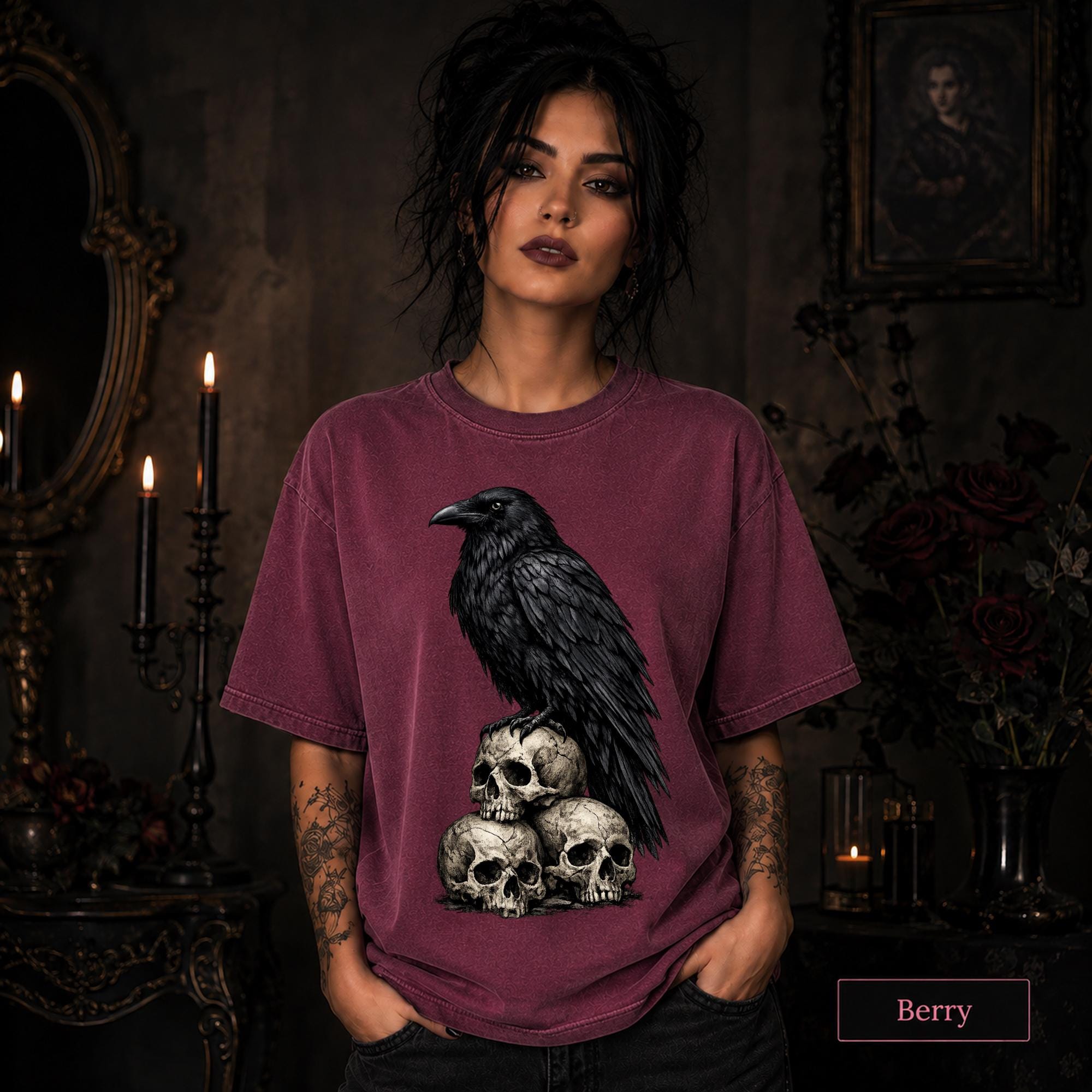 Dark academia shirt featuring a crow standing on a pile of vintage-style human skulls.