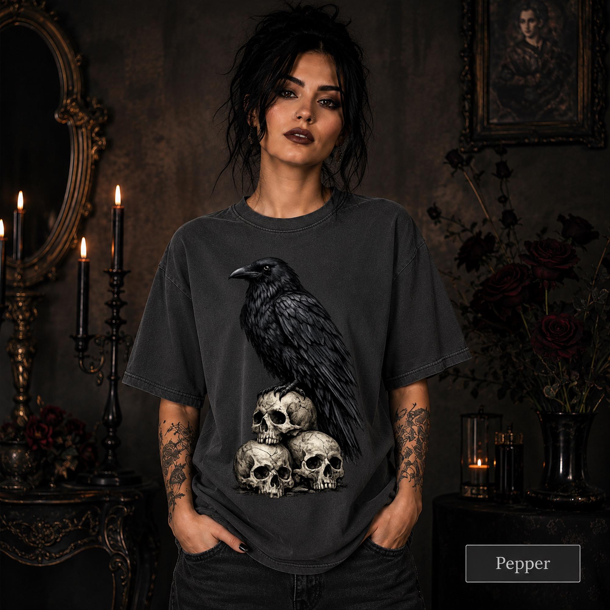 Dark aesthetic Comfort Colors shirt for raven lovers and skull art collectors.