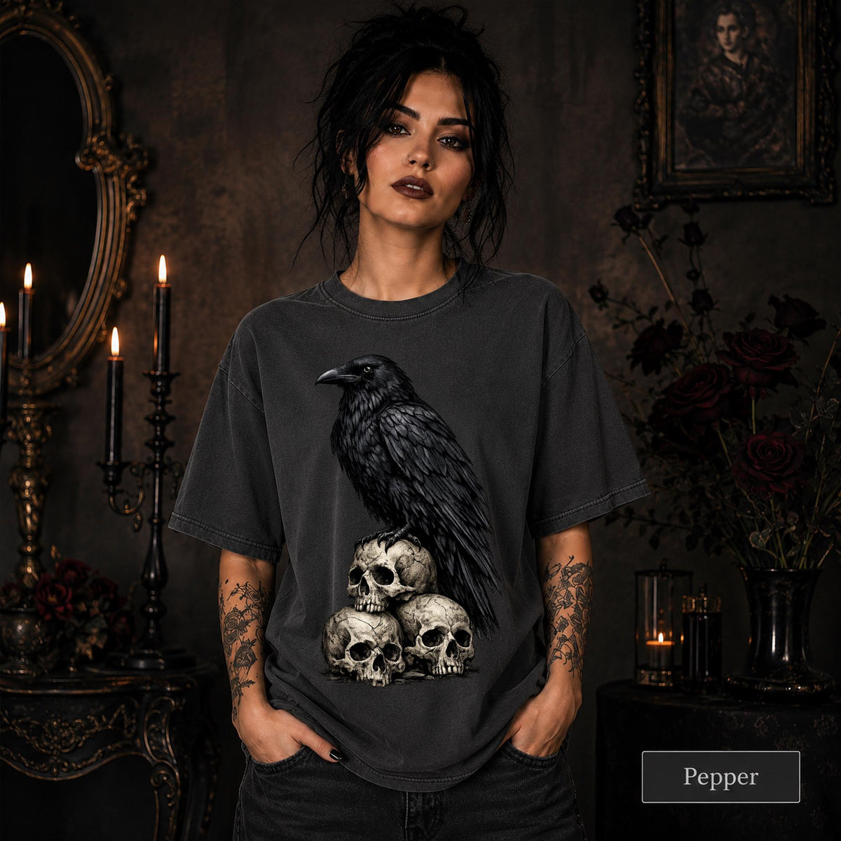 Dark aesthetic Comfort Colors shirt for raven lovers and skull art collectors.