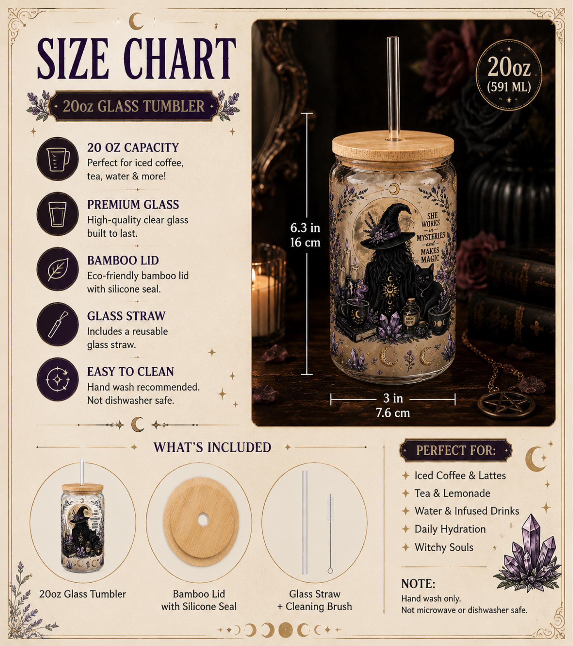 Size chart Witch themed glass can with bamboo lid and reusable straw