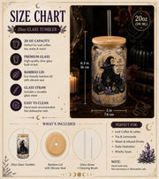 Size chart Witch themed glass can with bamboo lid and reusable straw