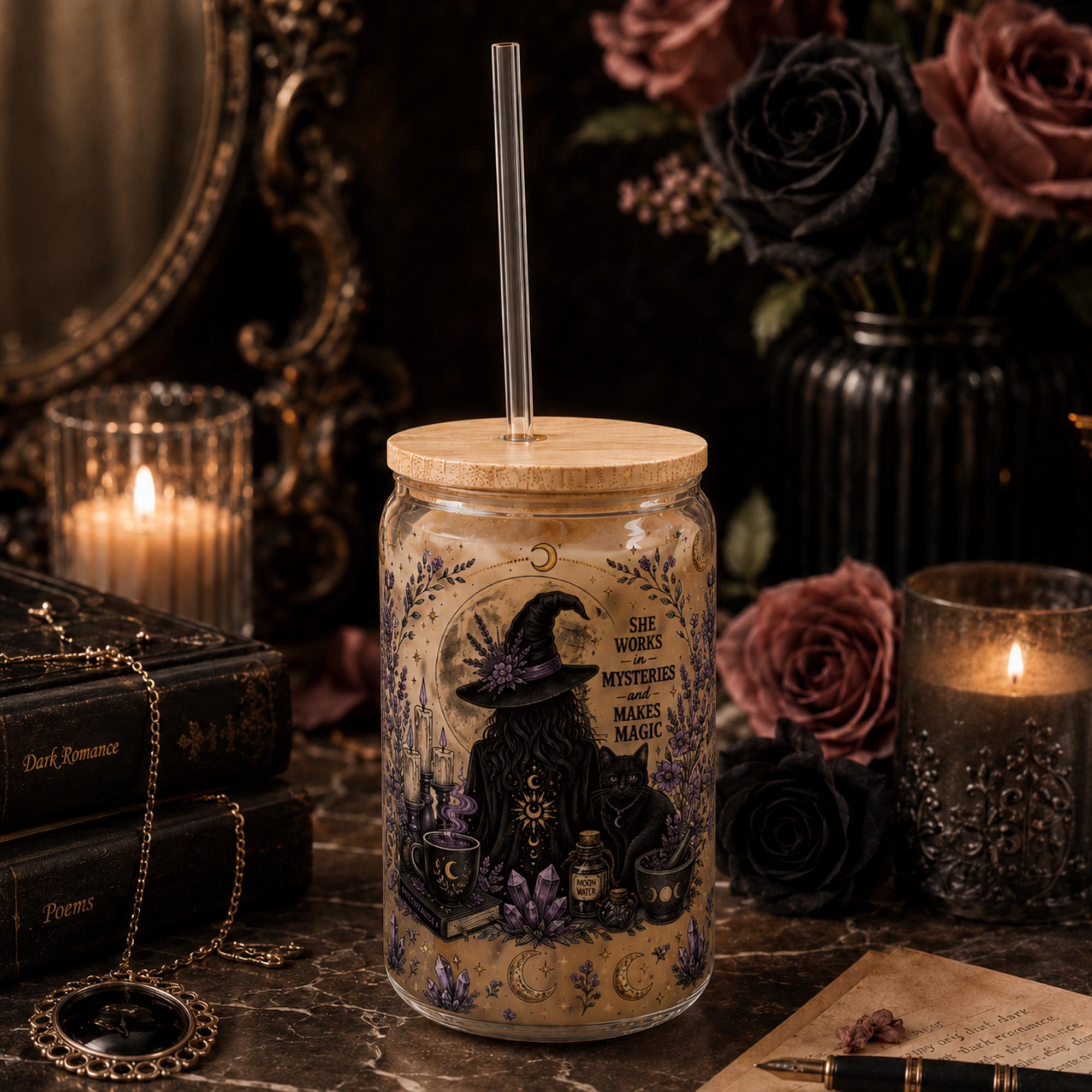 Witch themed glass can with bamboo lid and reusable straw