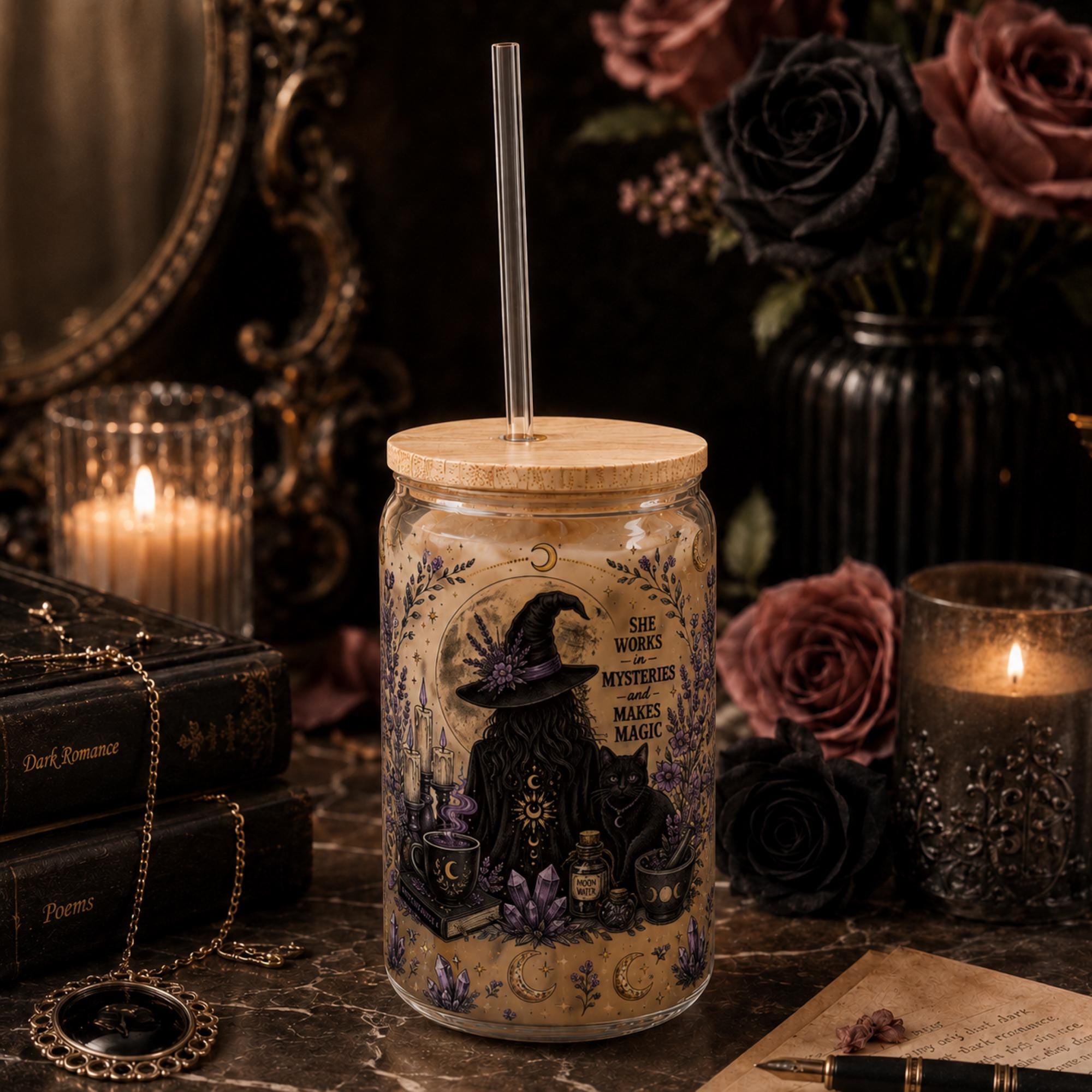 Witch themed glass can with bamboo lid and reusable straw