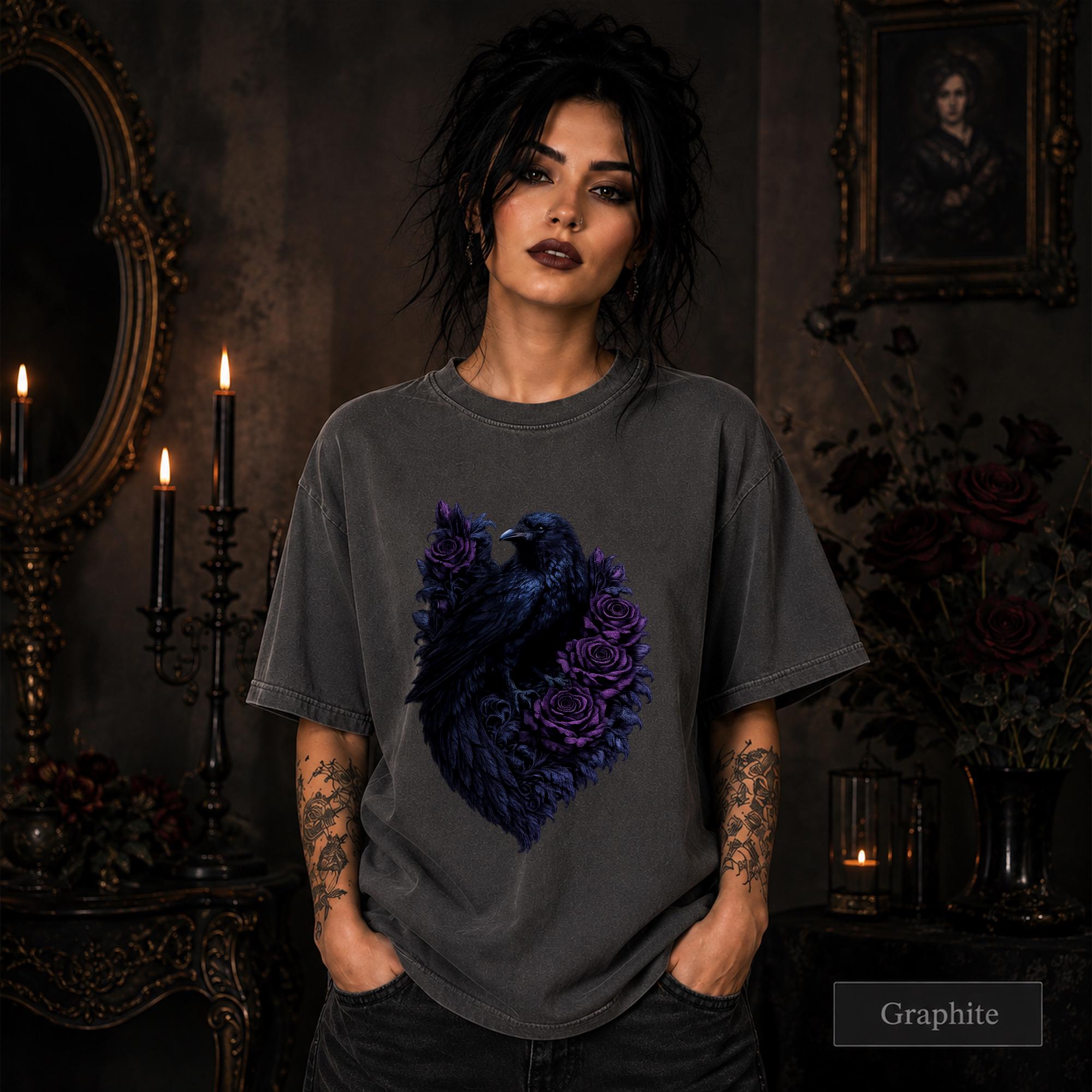 Gothic floral shirt for raven lovers, alternative fashion fans, and dark art collectors.