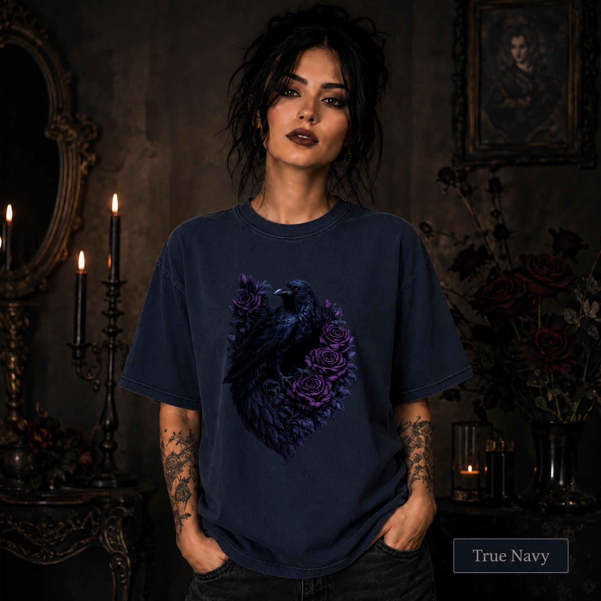 Dark romance graphic featuring a blue-black raven framed by rich purple blooms.