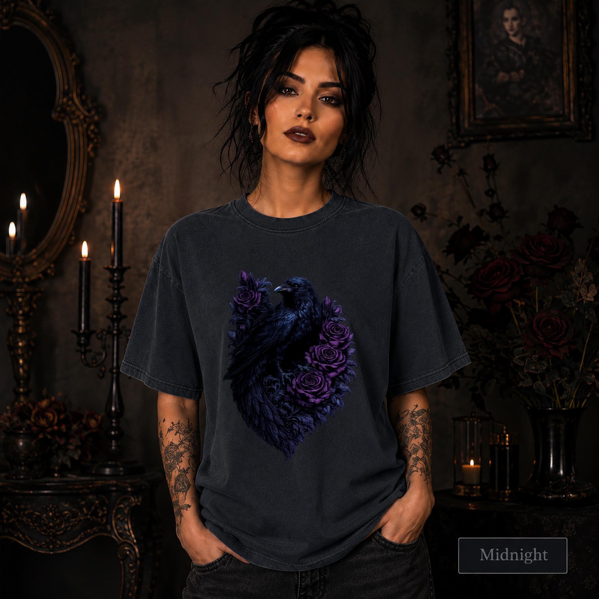 Moody raven shirt photographed in a gothic interior with candlelight and vintage decor.