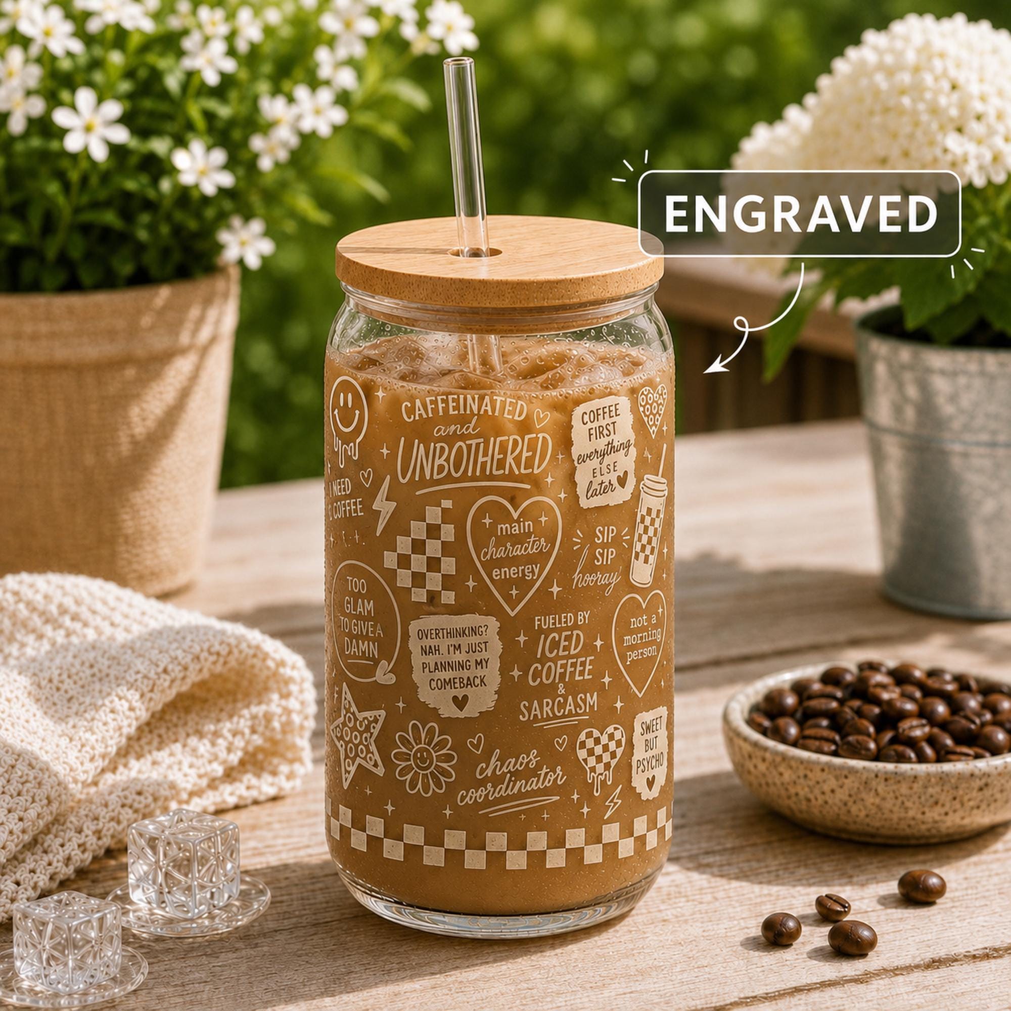 Engraved Glass can drinkware featuring checkerboard accents and smiley faces