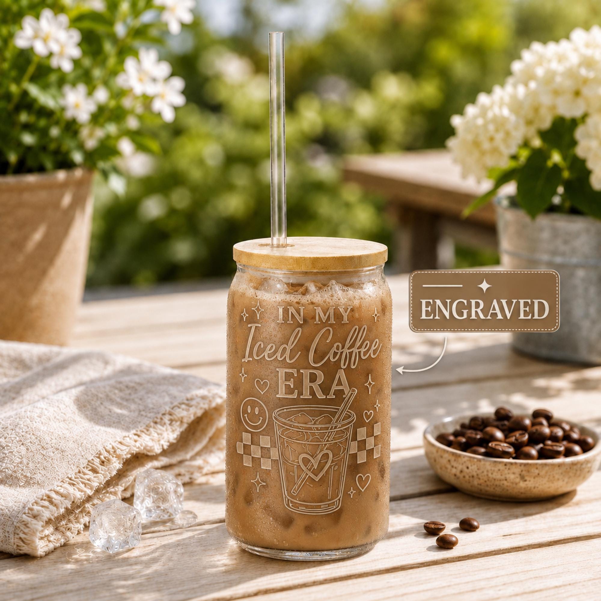 Trendy engraved coffee bar accessory with playful iced beverage artwork