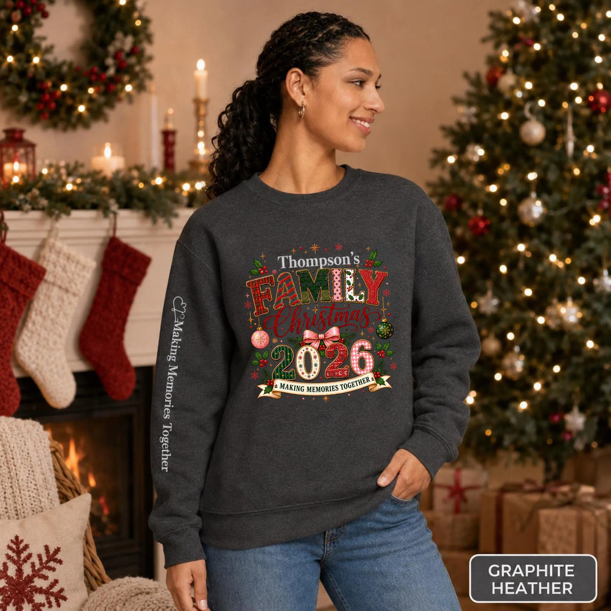 Graphite Heather Christmas crewneck featuring a personalized Thompson’s Family Christmas 2026 design with festive lettering and sleeve text.