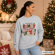 Sports Grey Christmas crewneck featuring a personalized Thompson’s Family Christmas 2026 design with festive lettering and sleeve text.