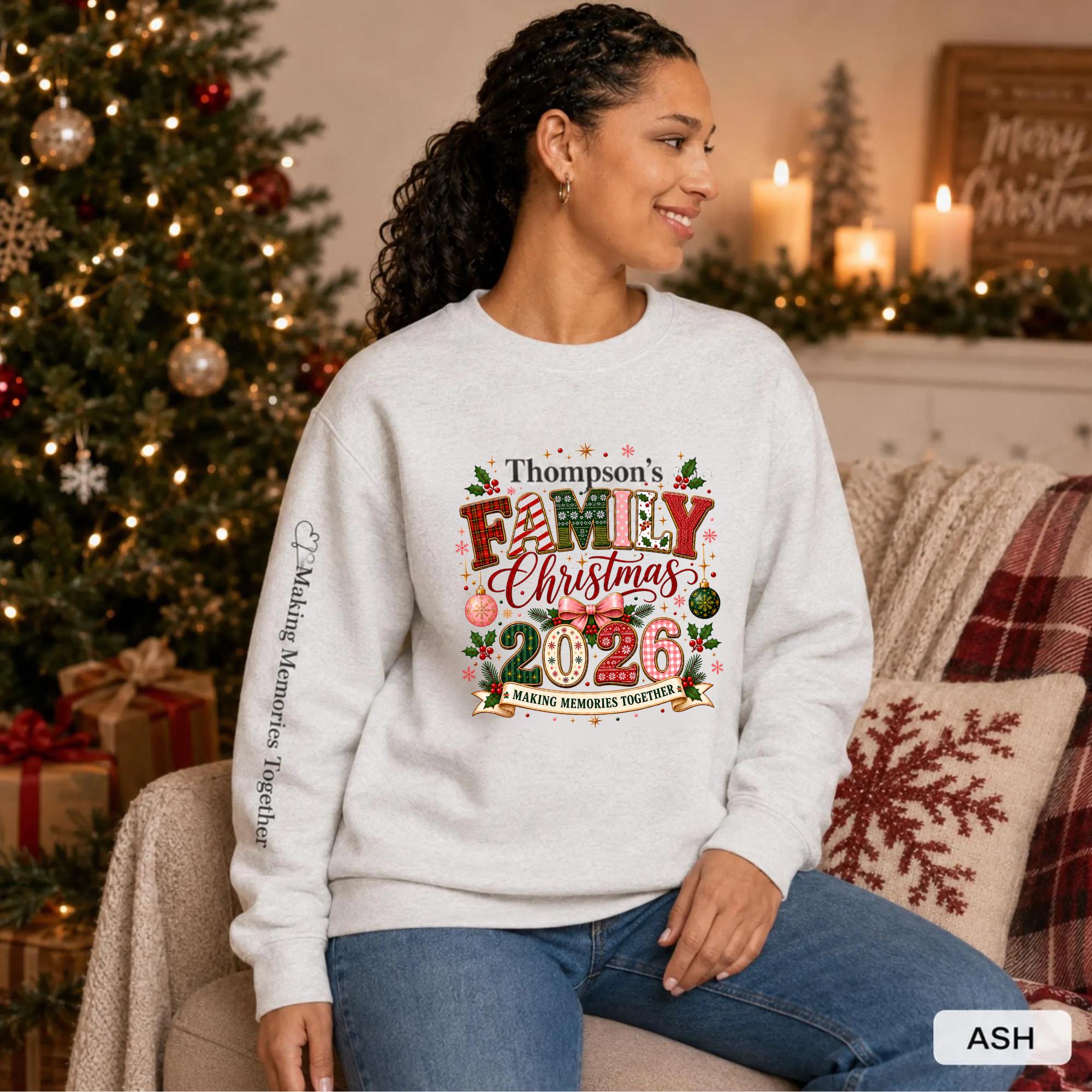 Ash Christmas crewneck featuring a personalized Thompson’s Family Christmas 2026 design with festive lettering and sleeve text.
