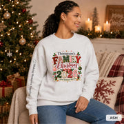 Ash Christmas crewneck featuring a personalized Thompson’s Family Christmas 2026 design with festive lettering and sleeve text.