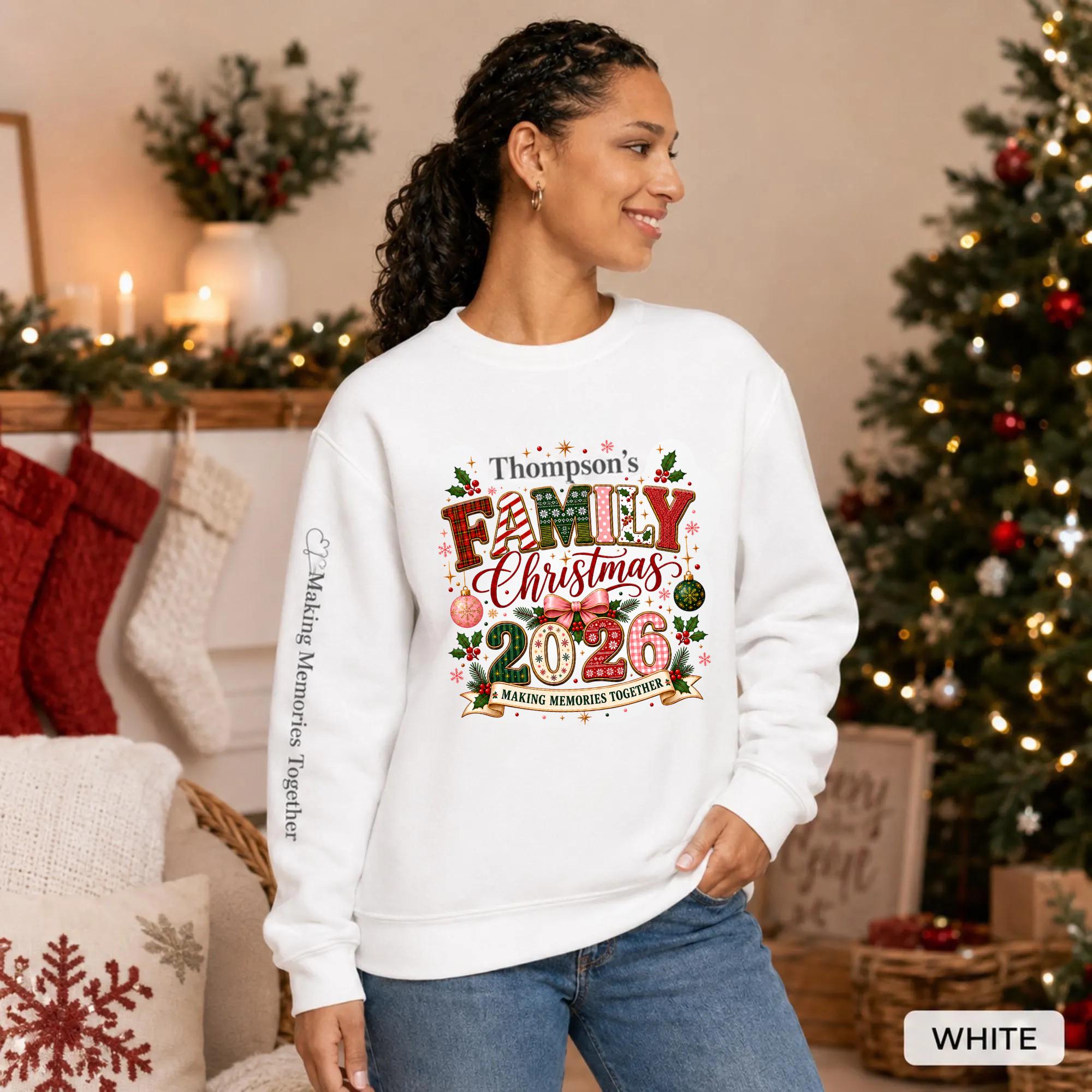 White Christmas crewneck featuring a personalized Thompson’s Family Christmas 2026 design with festive lettering and sleeve text.