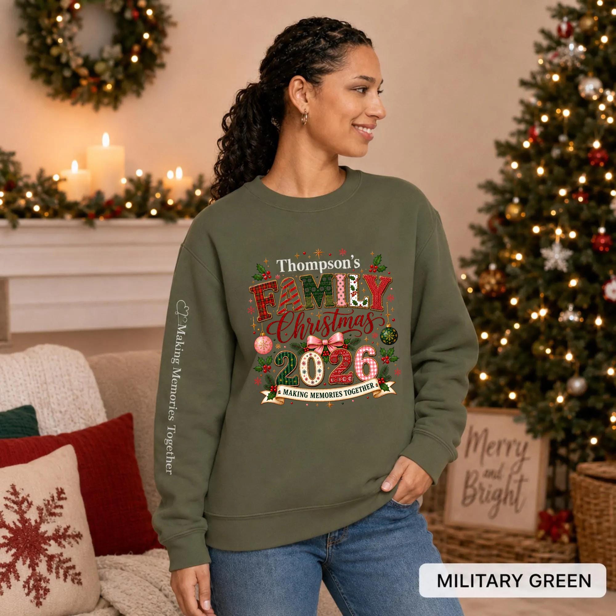 Military Green Christmas crewneck featuring a personalized Thompson’s Family Christmas 2026 design with festive lettering and sleeve text.
