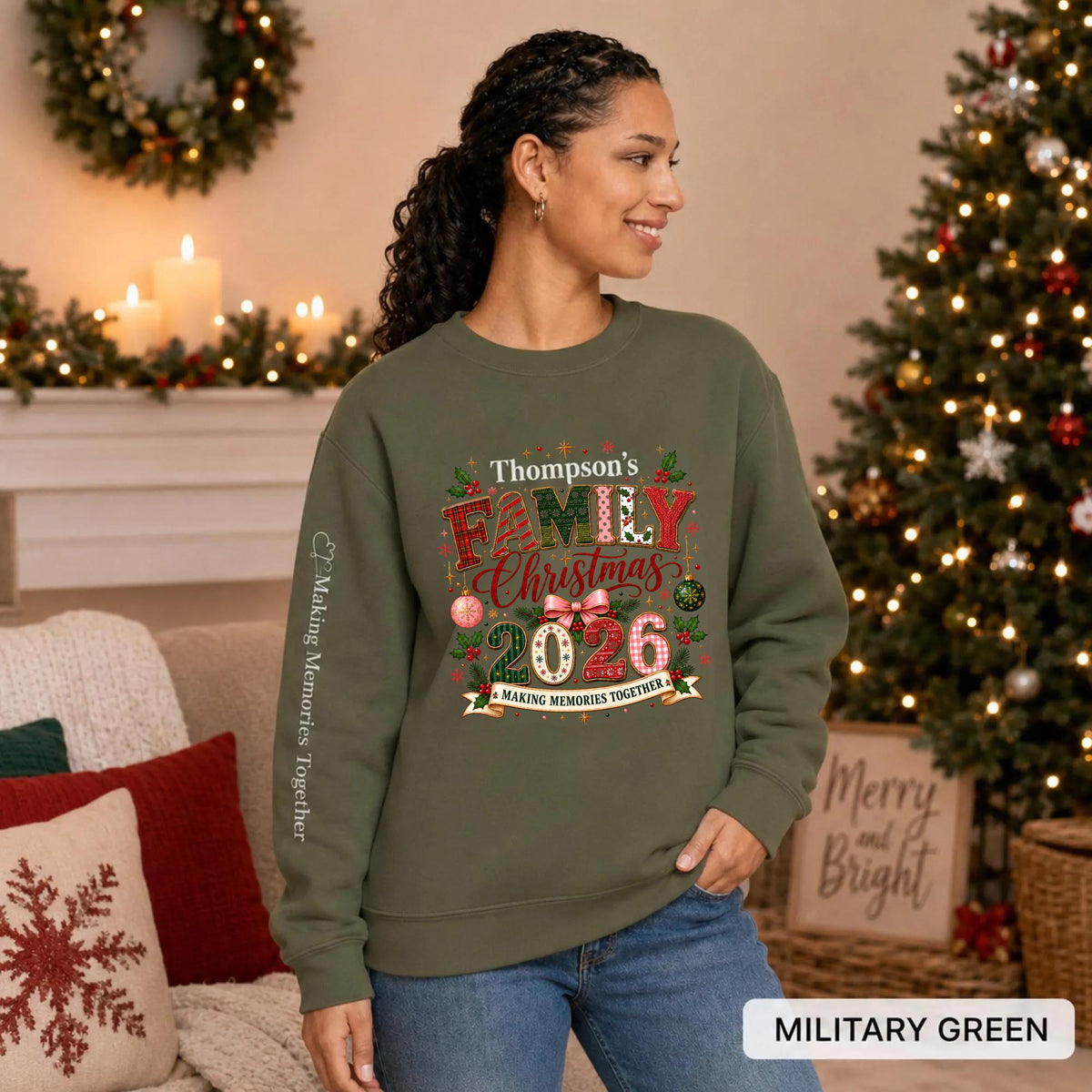 Military Green Christmas crewneck featuring a personalized Thompson’s Family Christmas 2026 design with festive lettering and sleeve text.