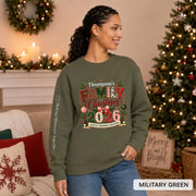 Military Green Christmas crewneck featuring a personalized Thompson’s Family Christmas 2026 design with festive lettering and sleeve text.