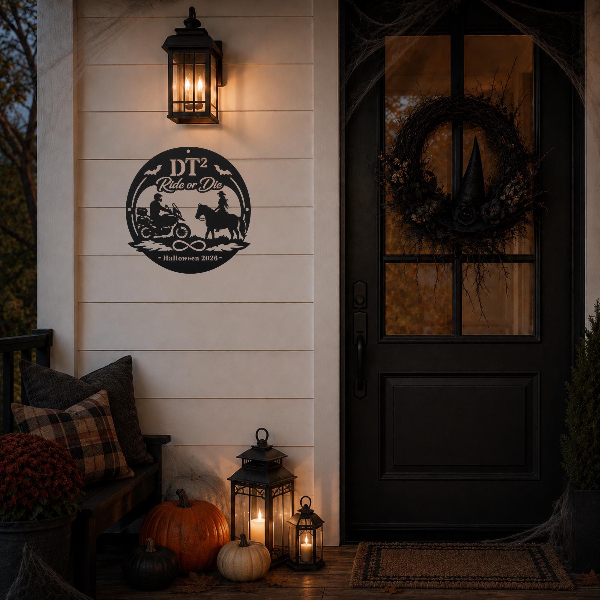 Personalized black “Ride or Die” Halloween metal sign with motorcycle rider, horseback rider, bats, infinity symbol, custom initials, and year displayed on a decorated front porch.