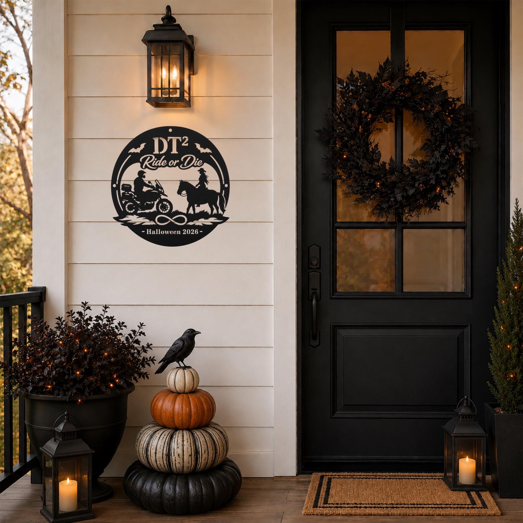 Personalized black “Ride or Die” Halloween metal sign with motorcycle rider, horseback rider, bats, infinity symbol, custom initials, and year displayed on a decorated front porch.