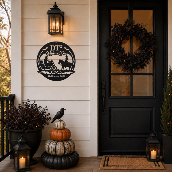 Personalized black “Ride or Die” Halloween metal sign with motorcycle rider, horseback rider, bats, infinity symbol, custom initials, and year displayed on a decorated front porch.