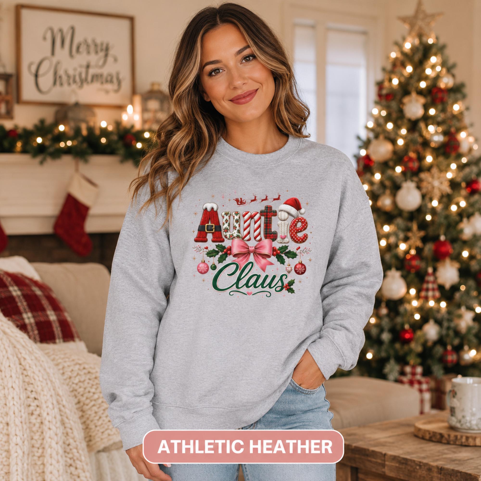 Festive athletic heather crewneck for aunties, perfect for Christmas morning, family photos, and holiday gatherings.