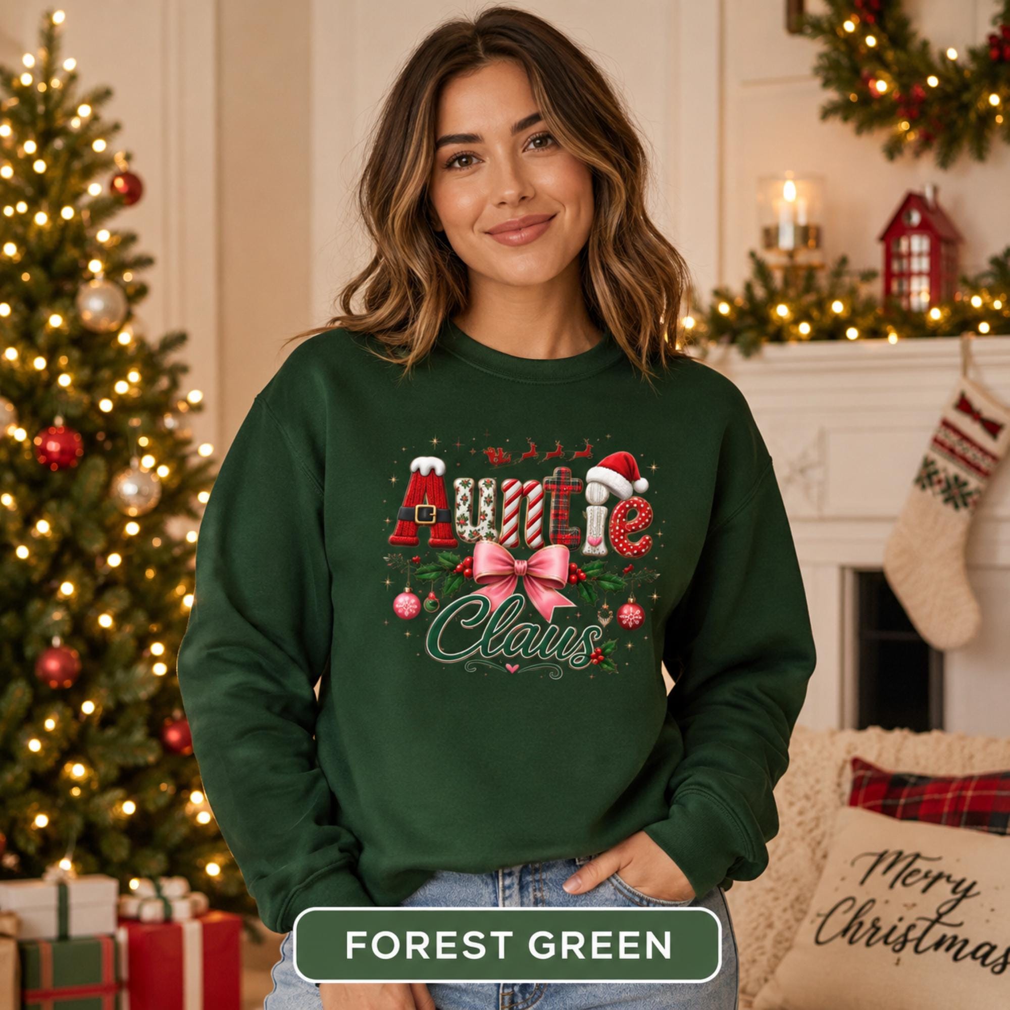 Cozy winter sweatshirt for Auntie featuring red, green, and pink Christmas decorations on forest green fabric.