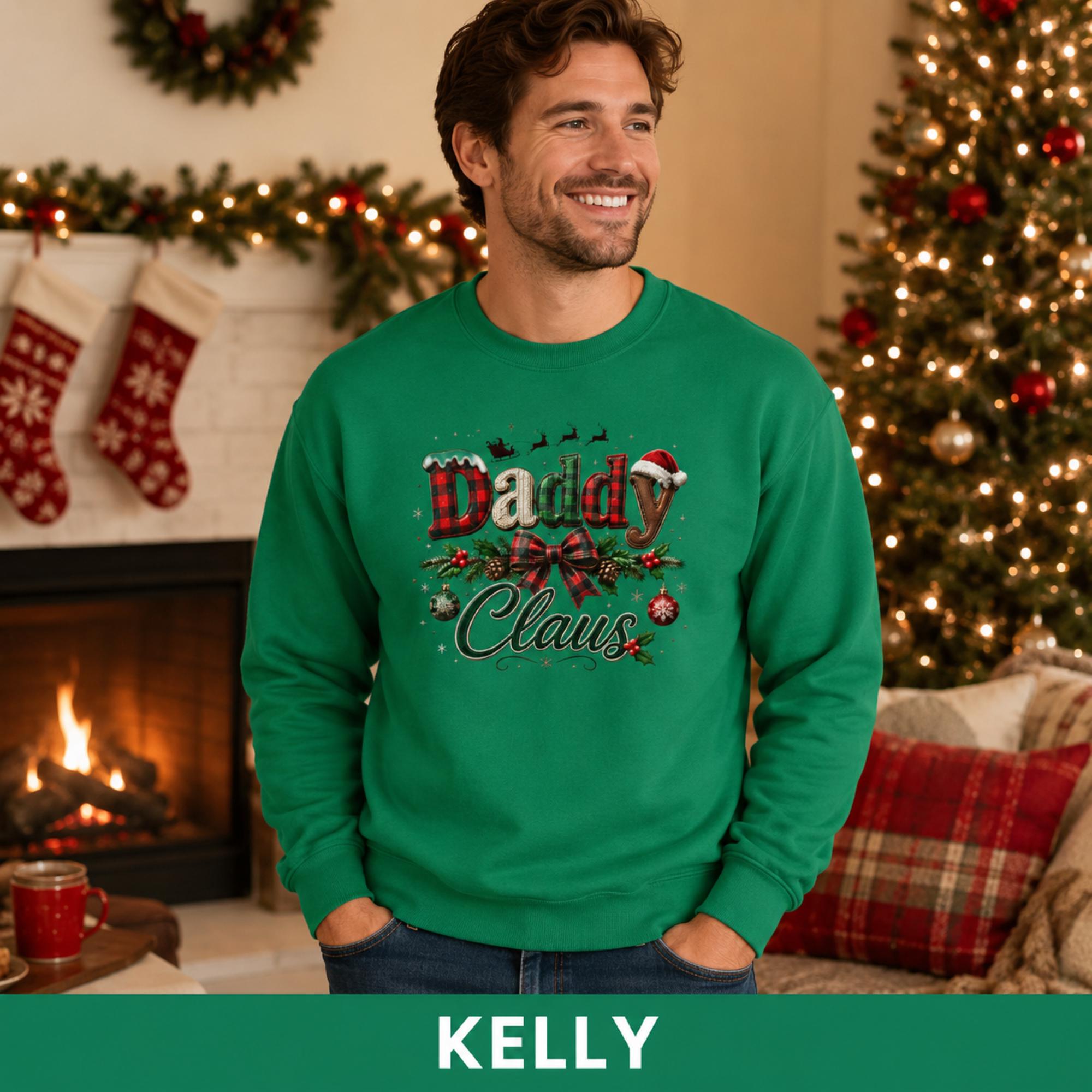 Kelly holiday crewneck featuring a vintage-style Daddy Claus design with a Santa hat and Christmas greenery.