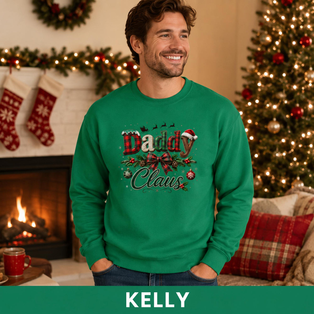 Kelly holiday crewneck featuring a vintage-style Daddy Claus design with a Santa hat and Christmas greenery.
