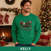 Kelly holiday crewneck featuring a vintage-style Daddy Claus design with a Santa hat and Christmas greenery.