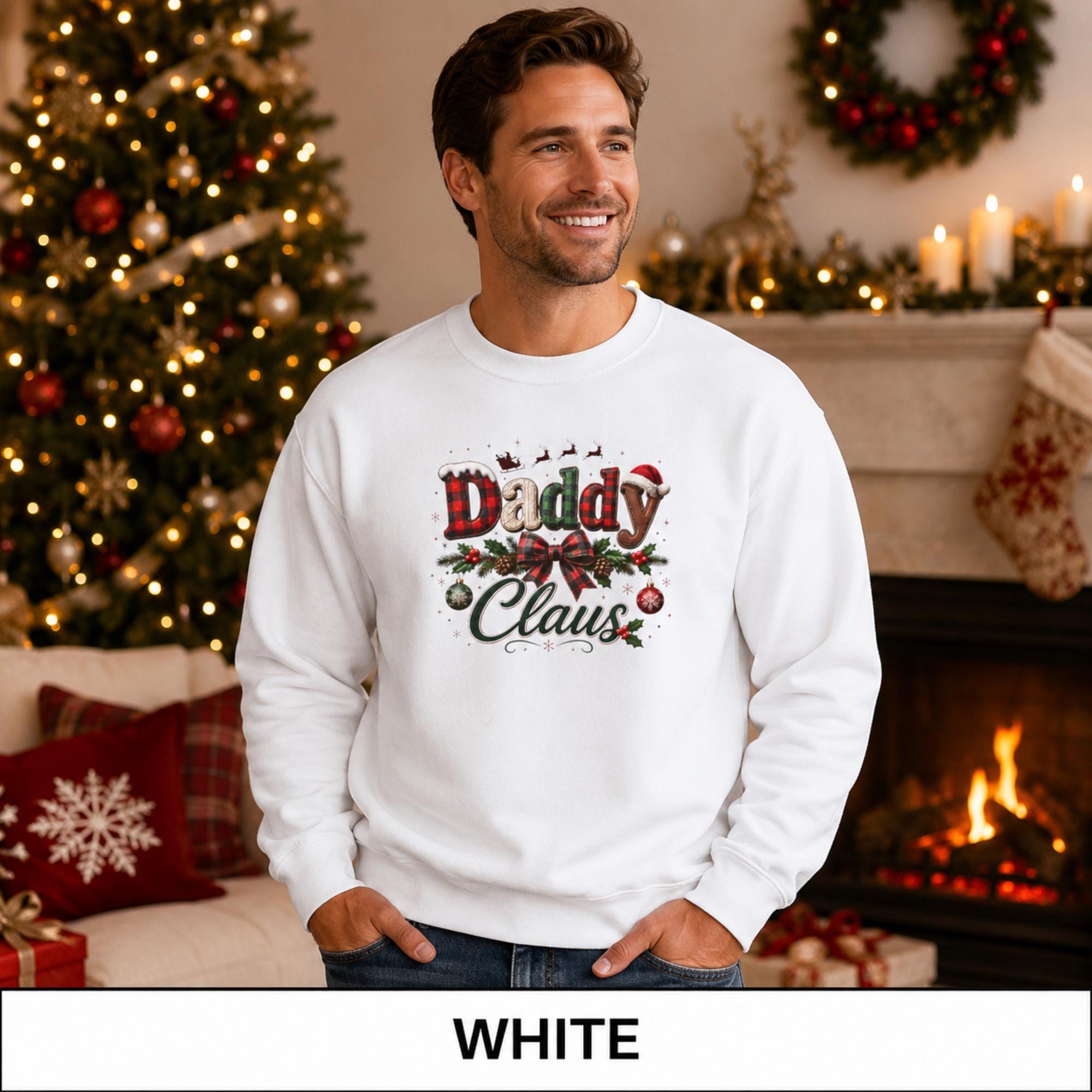 Festive Daddy Claus crewneck shown in white with a classic relaxed unisex fit.