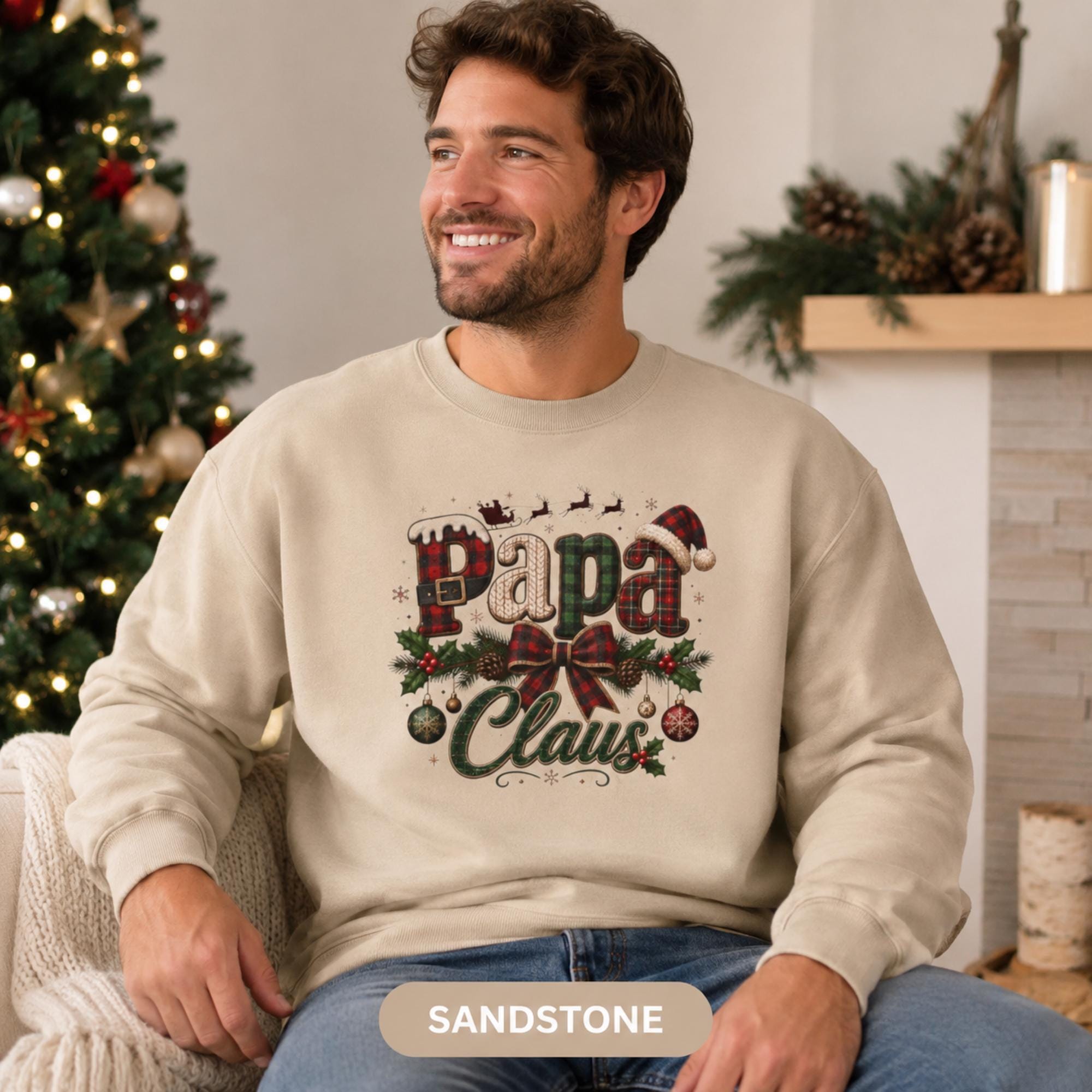 Cozy men's Christmas sweatshirt styled in a festive living room with a decorated tree, fireplace, and holiday décor.