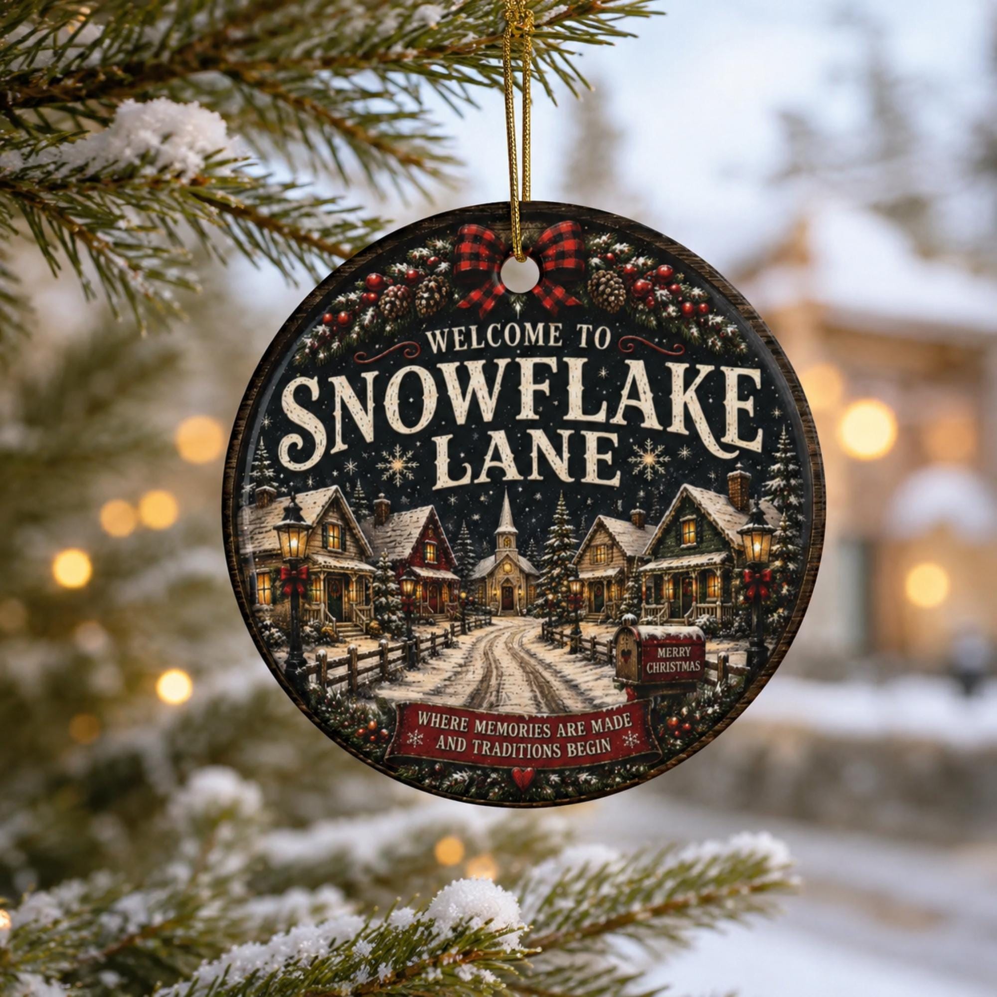 Porcelain Christmas tree ornament with nostalgic snowy town artwork and the phrase “Where Memories Are Made.”