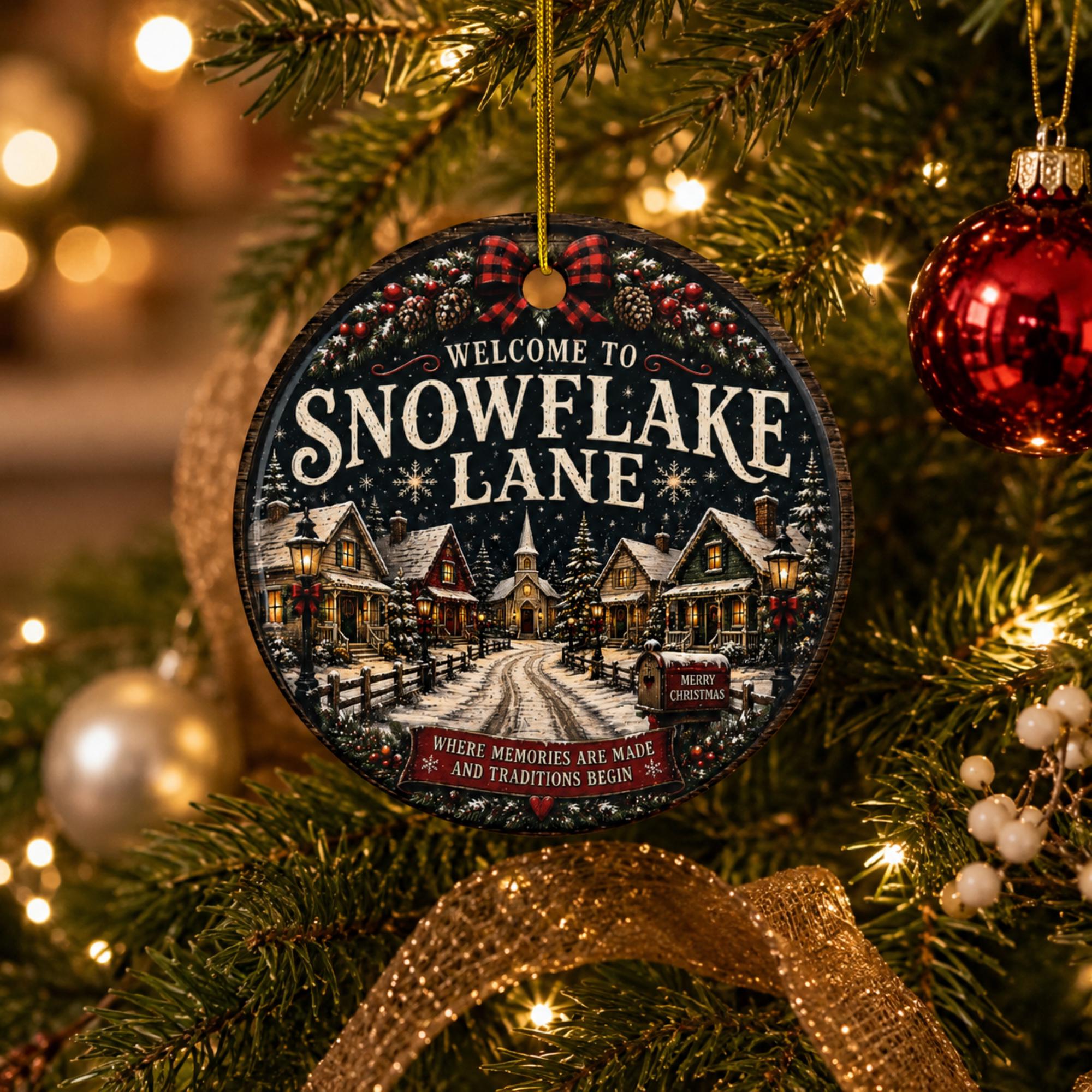 Cozy Christmas village ornament showing snow-covered homes, lanterns, evergreen accents, and a festive holiday sign.