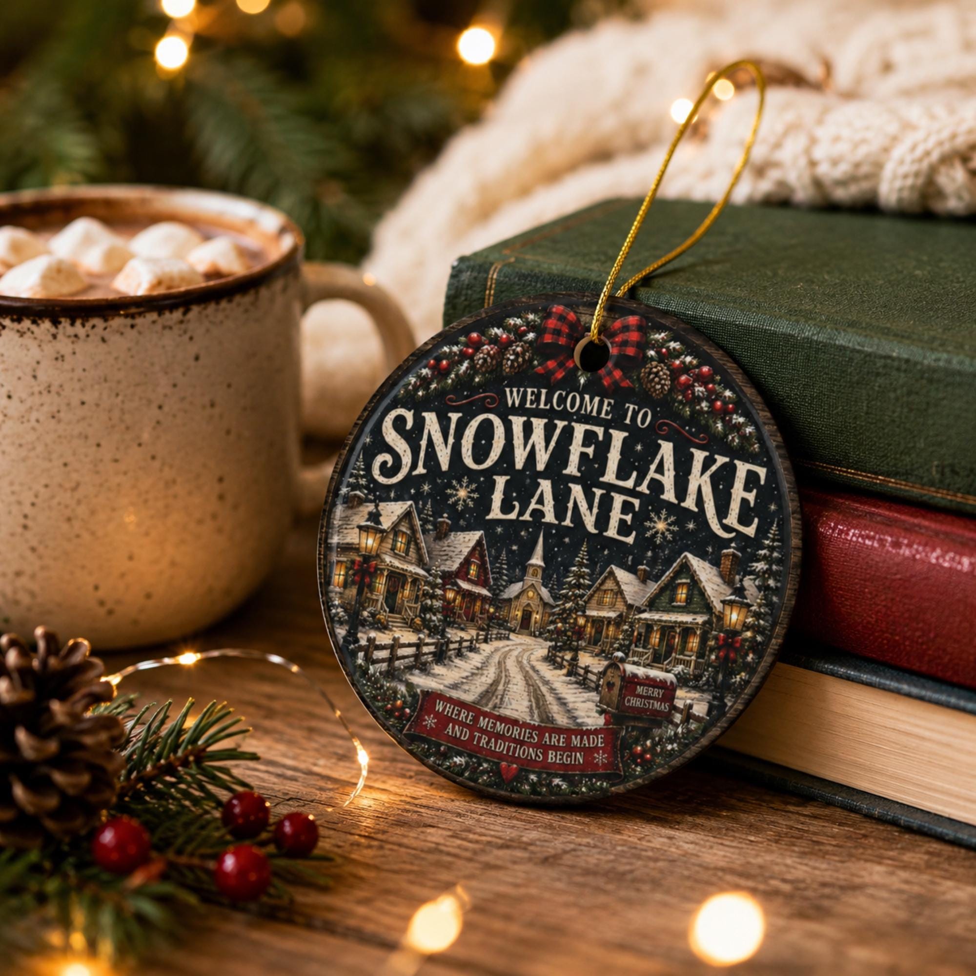 Vintage winter village ornament with “Welcome to Snowflake Lane” text hanging from a gold cord on a Christmas tree.