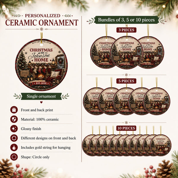 Rustic farmhouse Christmas ornament bundle personalized for families with stockings, wreath, lanterns, and holiday décor.