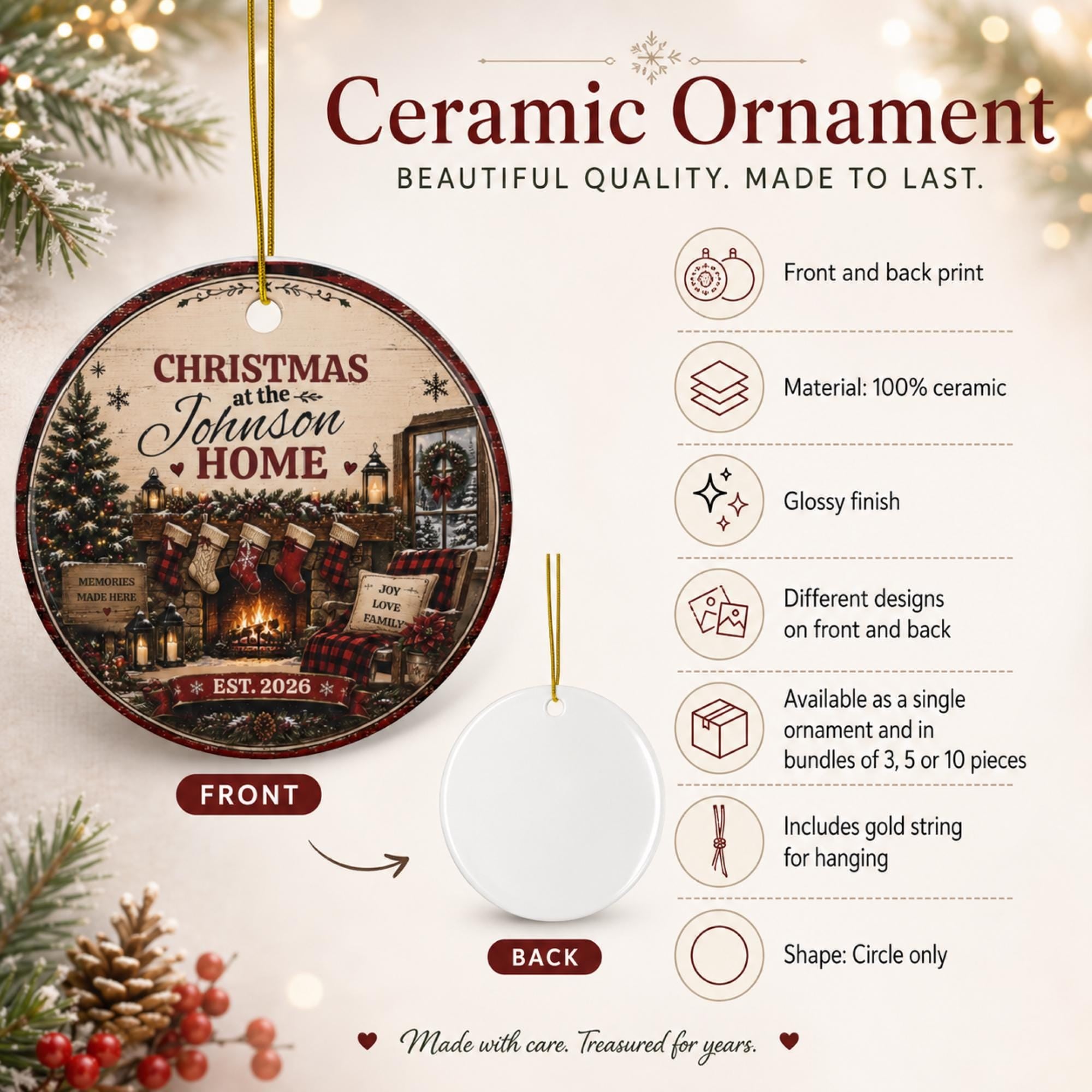 Christmas at the Johnson Home personalized ornament front & back featuring cozy cabin décor, holiday fireplace, and family keepsake design.
