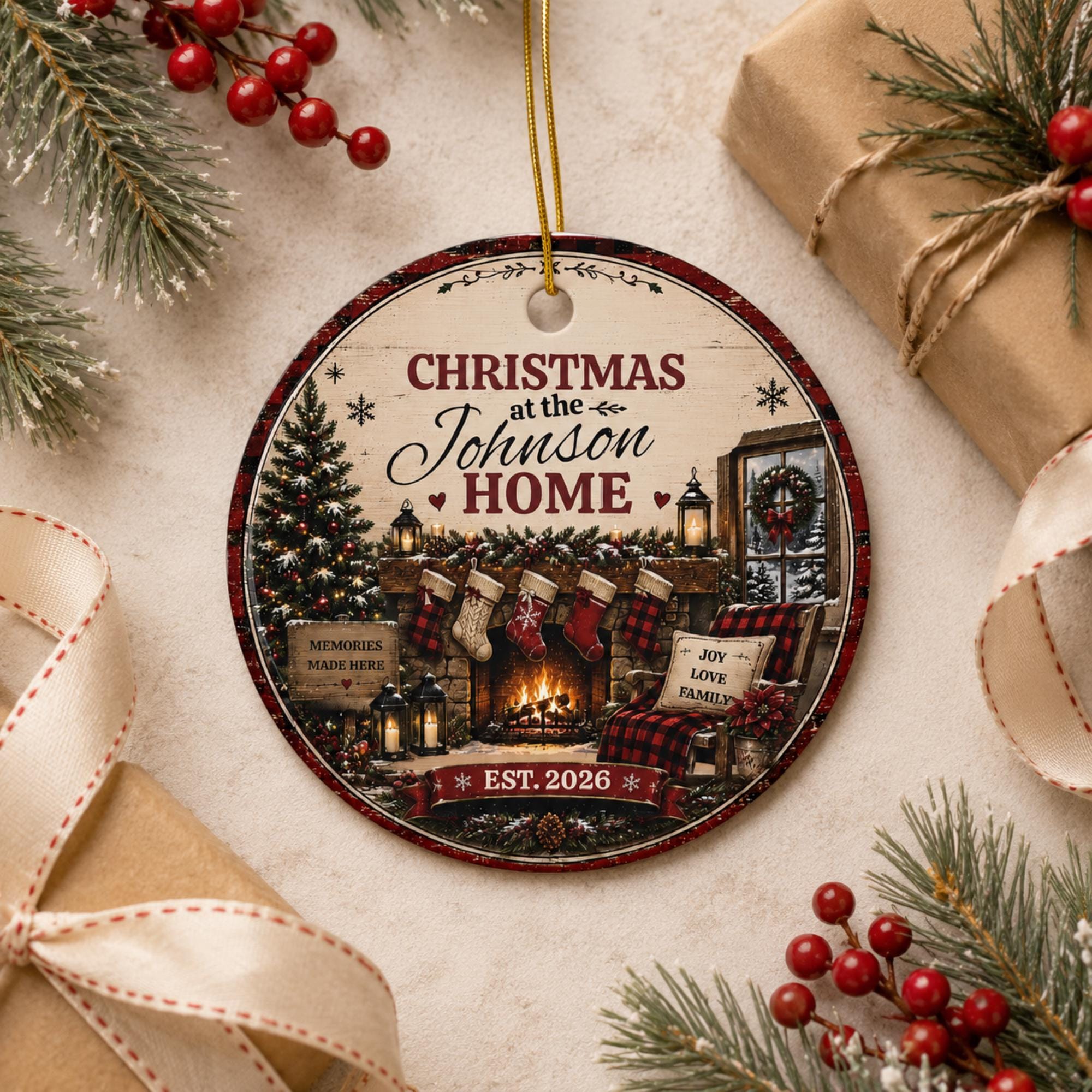 Custom family Christmas ornament with rustic holiday living room, stockings, fireplace, and personalized surname.