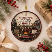 Custom family Christmas ornament with rustic holiday living room, stockings, fireplace, and personalized surname.