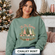 Vintage-inspired Christmas sweatshirt with colorful decorated trees, holiday greenery, and festive Fa La La La artwork.