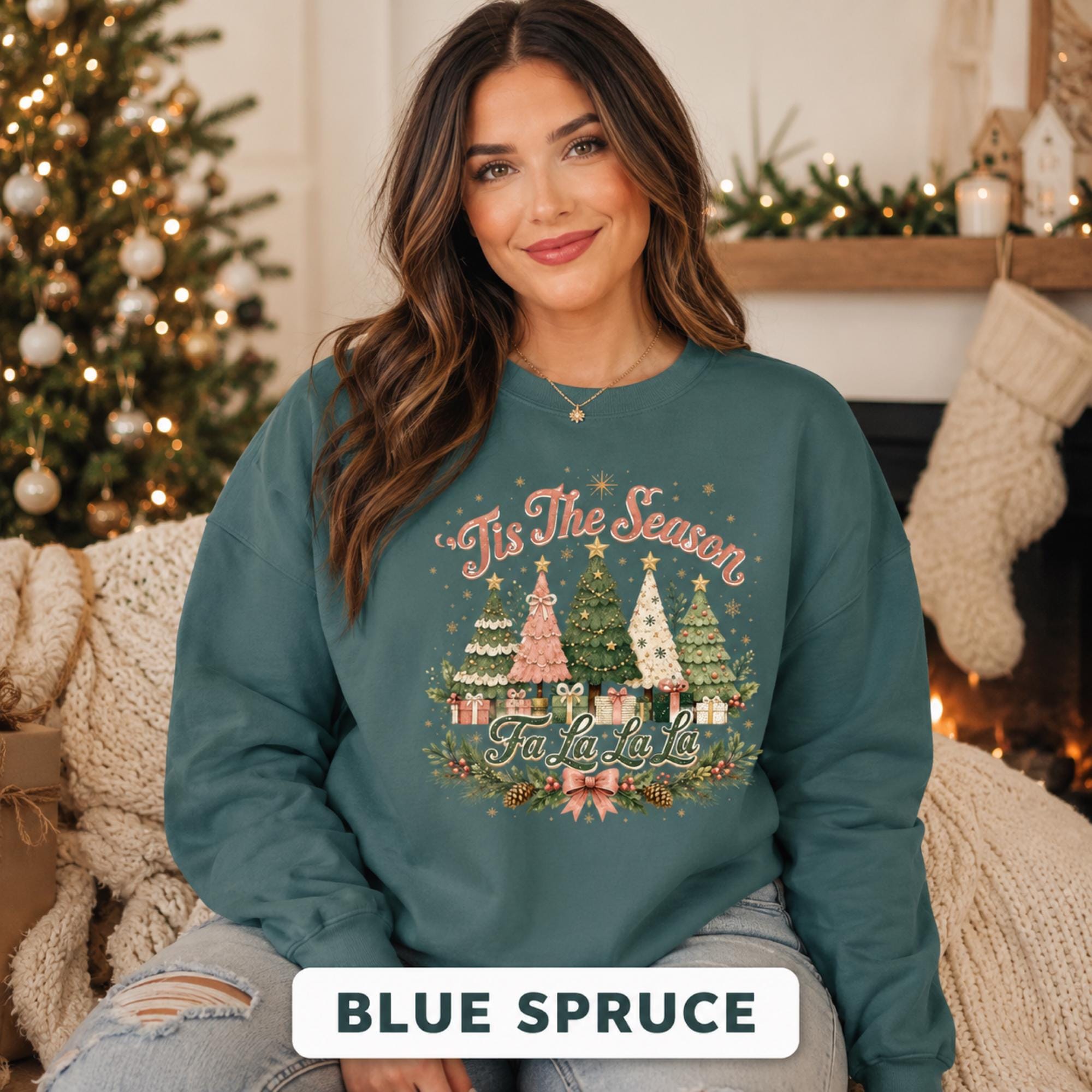 Women's cozy Christmas crewneck styled with jeans, featuring a nostalgic holiday tree graphic on a Blue spruce sweatshirt.