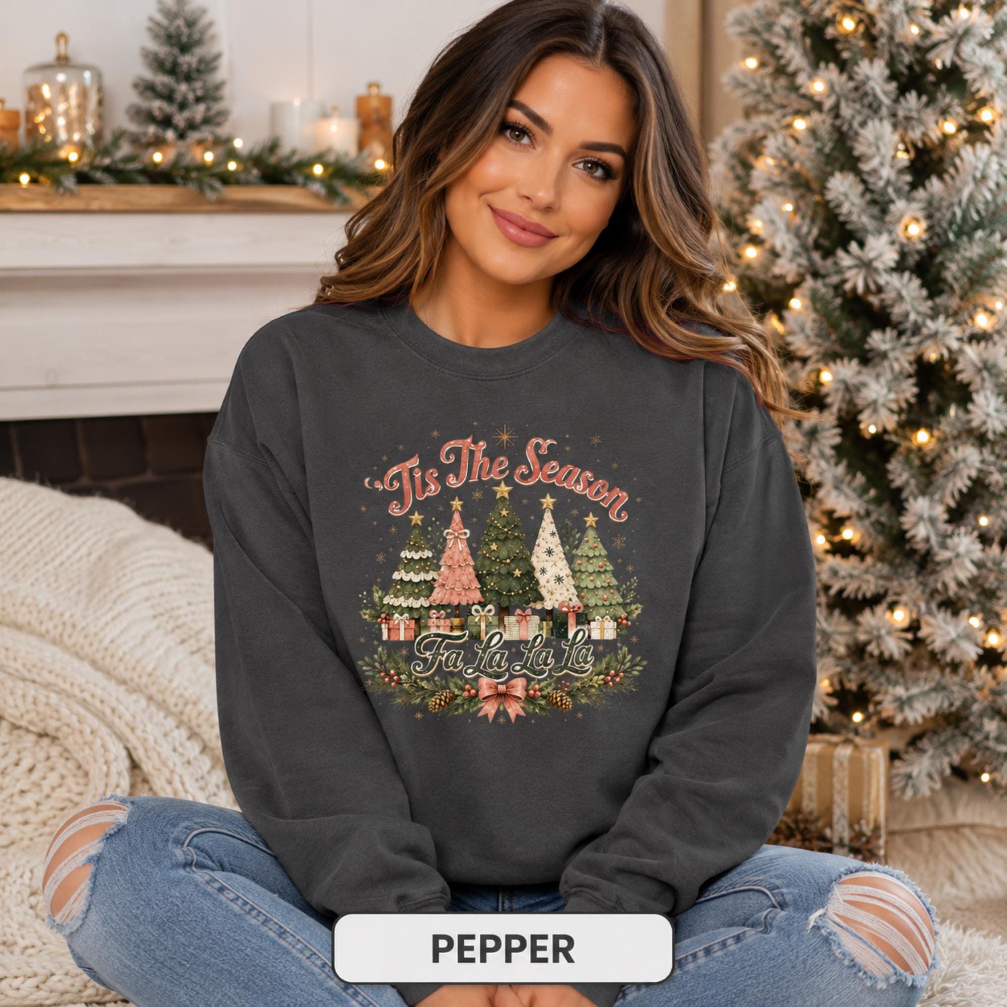 Christmas tree graphic sweatshirt in pepper, ideal for holiday gatherings, Christmas morning, and cozy winter wear.