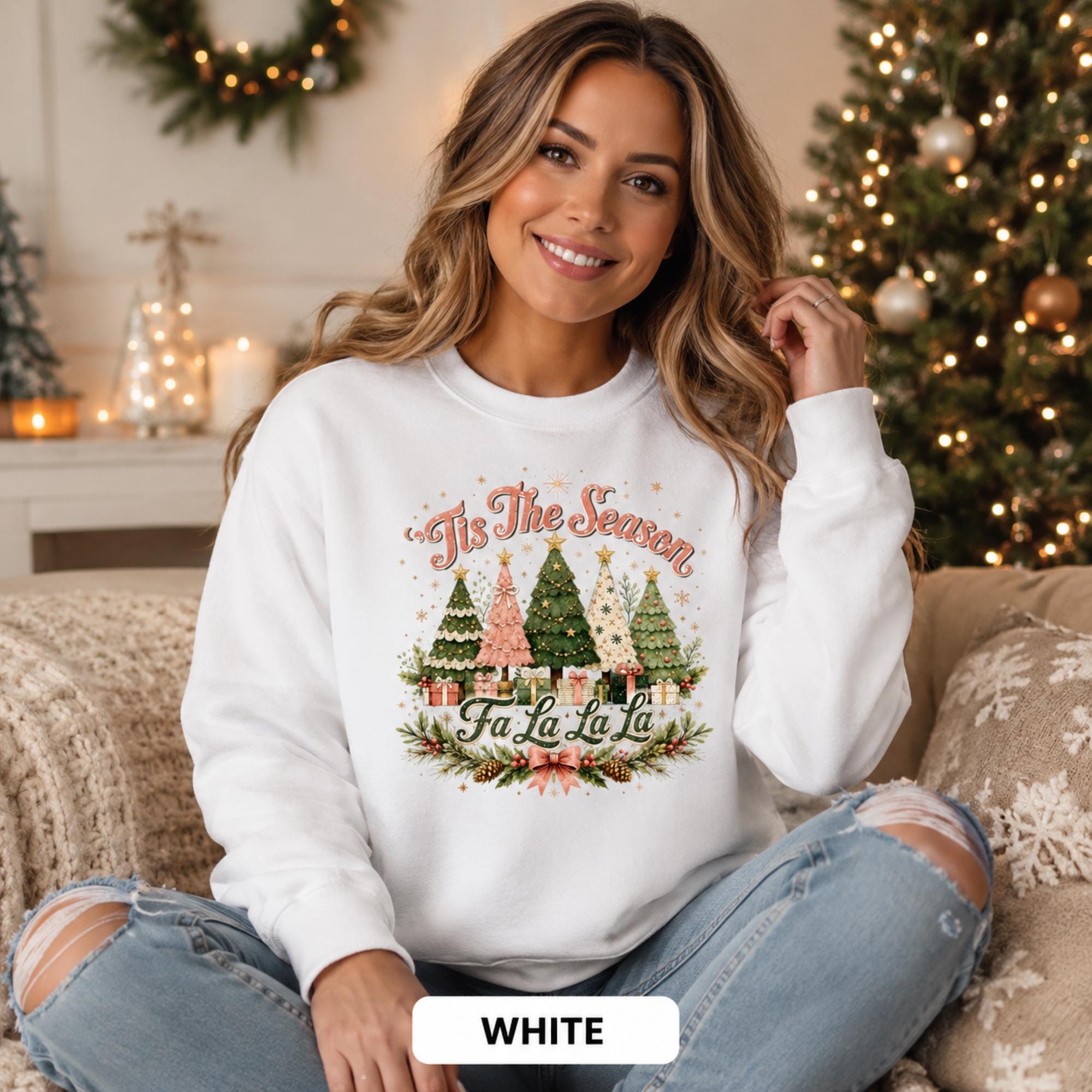 Comfort Colors-style white Christmas crewneck showcasing a festive forest of decorated Christmas trees.