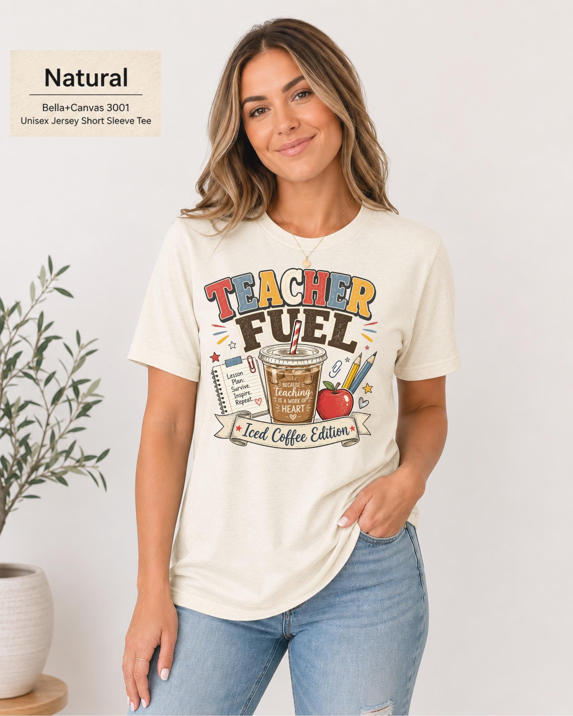 Cute teacher coffee shirt featuring Teacher Fuel Iced Coffee Edition graphic on soft unisex Bella Canvas tee.