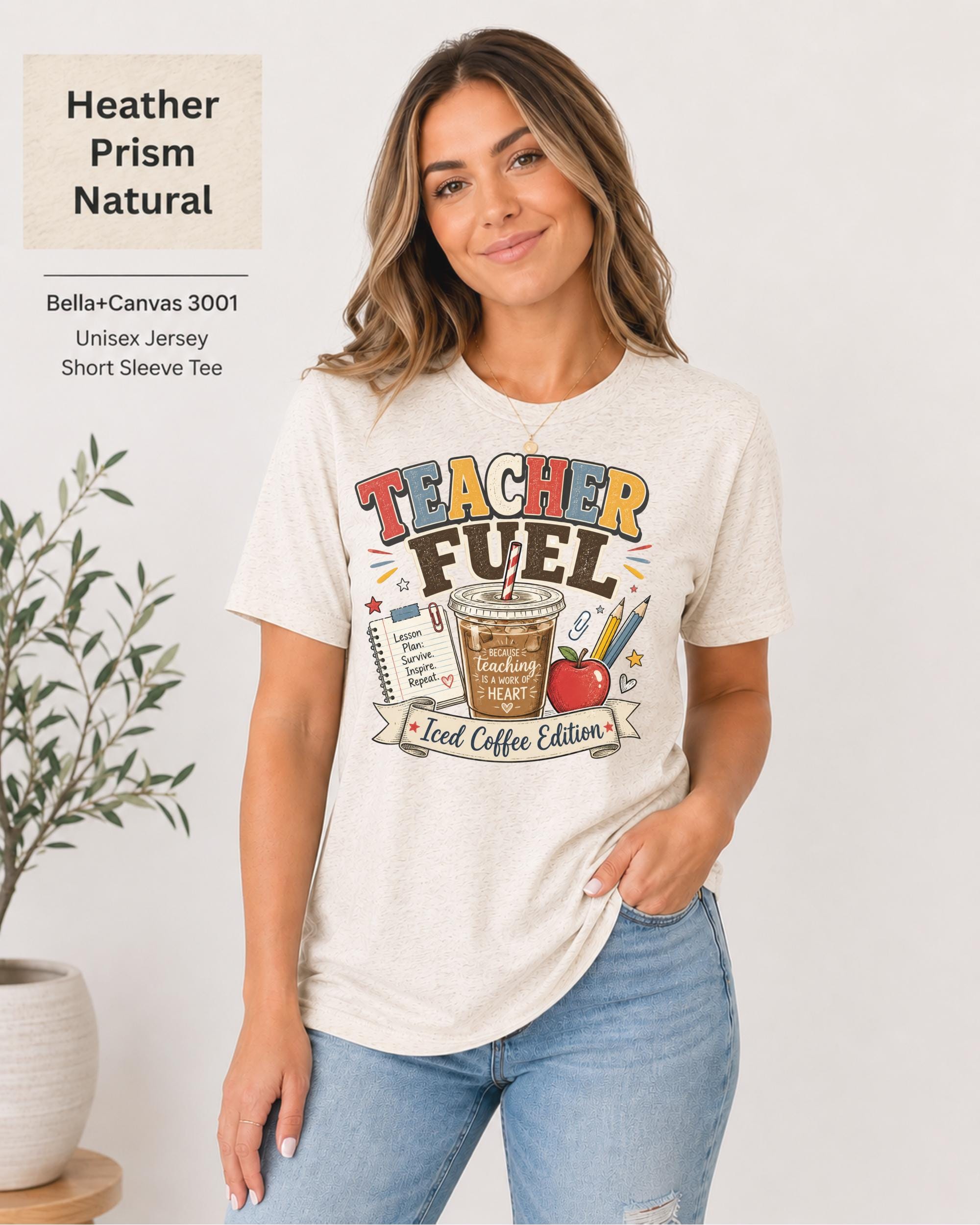 Comfortable unisex teacher t-shirt with colorful school-themed artwork and iced coffee illustration.