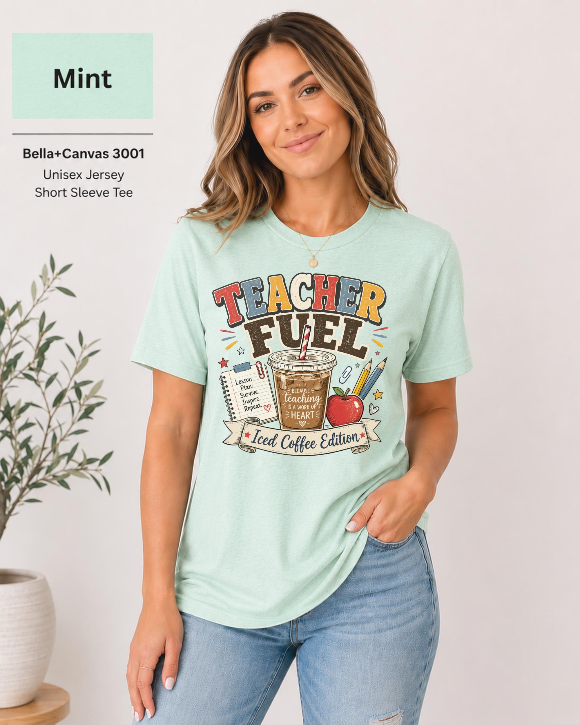 Mint Bella Canvas 3001 teacher shirt with vibrant iced coffee classroom design for coffee-loving educators.